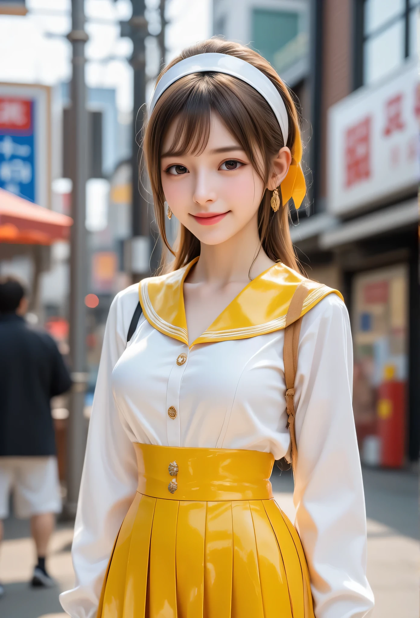 (super cute young face:1.5),(sparkling clear attractive large glowing eyes:1.5), (japanese idol face:1.5),very beautiful cute girl,(baby face:1.4),(thirteen  years old:1.4),exquisite smooth and silky long brown straight hair,fair skin,(happy cheerful smile),professional portrait,(realistic photograph:1.2),
(super shiny  metallic yellow and white latex sailor high school uniform:1.2),pleated skirt,
shiny metallic yellow sailor collar, happy cheerful smile,narrow waist,in the street,(very thin makeup)