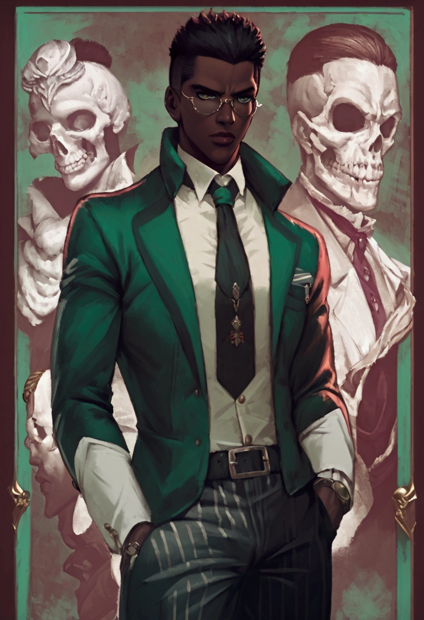 a close up of a dark skin person with fancy glasses wearing a formal shirt with pinstripe pants and black boots, while sporting a pair of brass knuckles and a burgundy jacket with skull insignias adorning the arms and a fur collar. This creates the visage of a high-class gangster , African American character in tekken, dark green eyes, undercut hairstyle, half body close-up shot, male character, single character full body, full body shot hyperdetailed, style of mirror\'s edge, kentaro miura style, half body render,, highly detailed half body, half body portrait shot, epic and classy portrait, digital art from danganronpa,, detailed fanart, featured art, background artwork