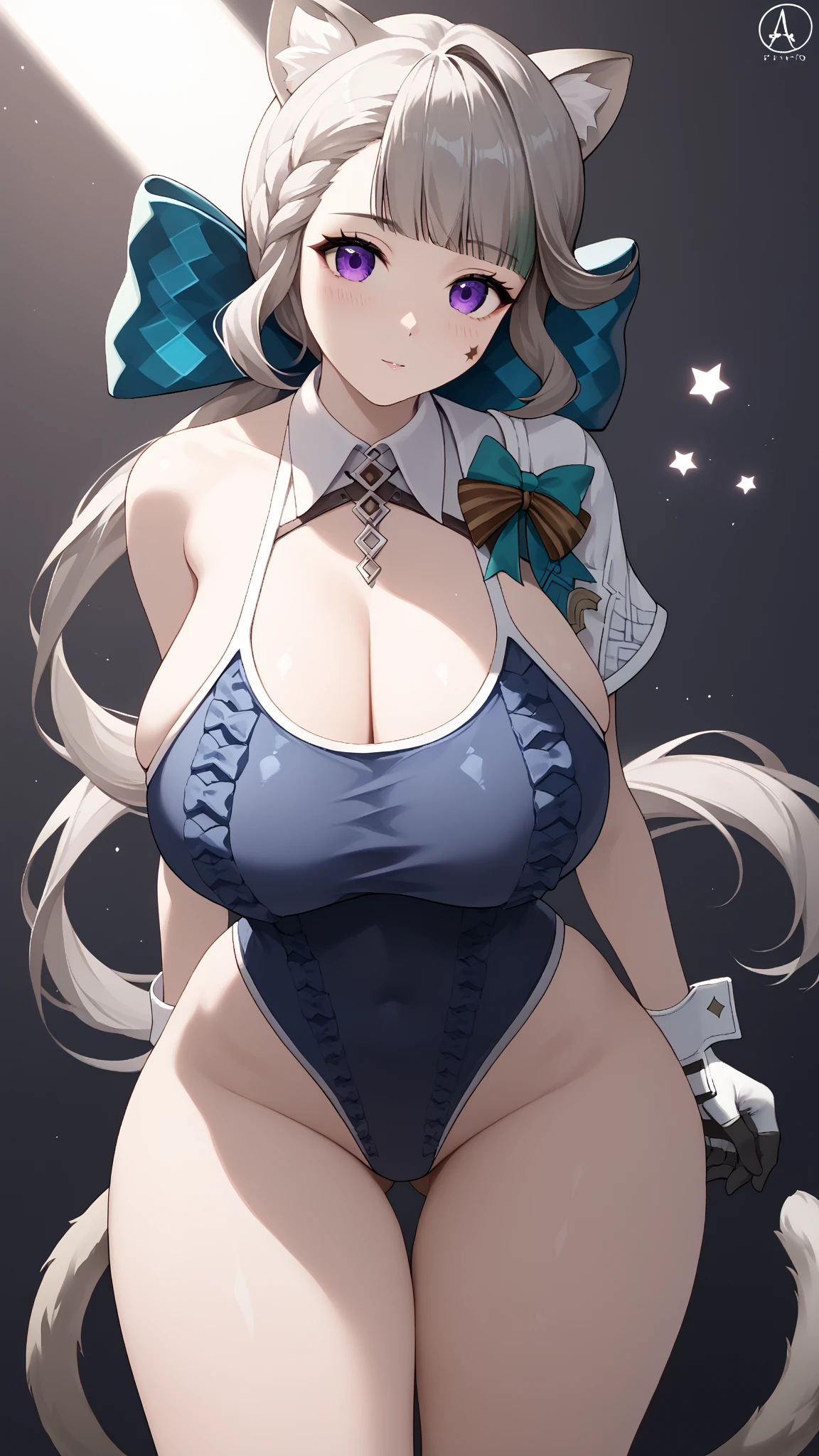 ((((1girl)))), (((cute swimsuit))), ((sexy pose)), (huge breasts, big butt, wide hips), lynettedef, purple eyes, grey hair, long hair, braid, animal ears, animal ear fluff, cat girl, star \(symbol\, hair bow, cat tail, intricate detail, hyper-anime, trending on artstation, 8k, stunning shading, anime, highly detailed, realistic, dramatic lighting, beautiful, animation, sharp focus, award winning, masterpiece, cinematic, dynamic, cinematic lighting, breathtaking, exquisite, great attention to skin and eyes, exceptional, exemplary, unsurpassed, viral, popular, buzzworthy, up-and-coming, emerging, promising, acclaimed, premium, seductive look, 