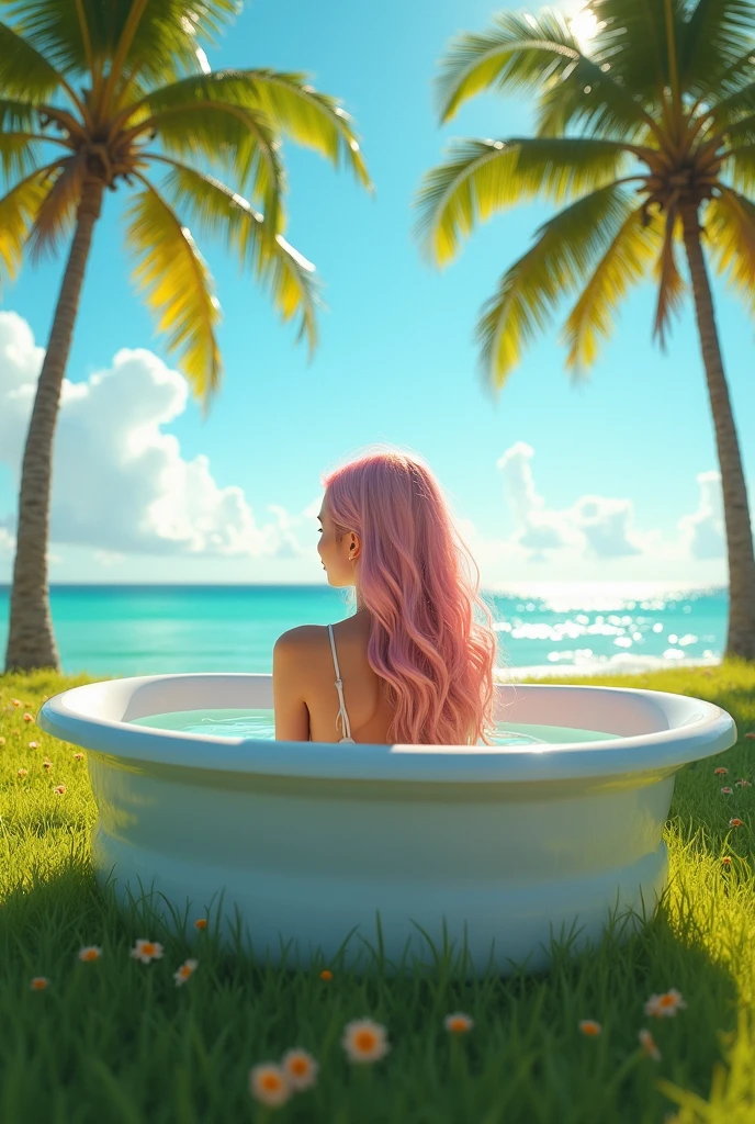Blonde woman with blue hair and her x in Mayo bathing at the beach