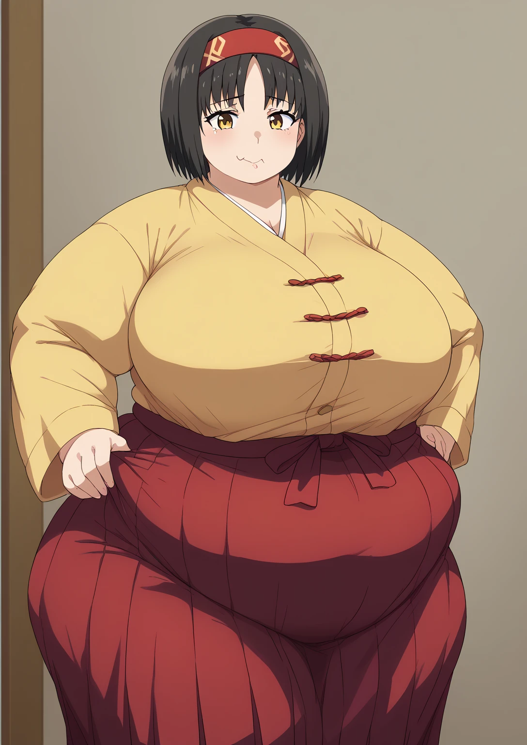 Erika, Erica,    yellow eyes  ,  Black Hair,  red headband,   Shorthair,  yellow kimono,  boobs are not exposed,   Long Sleeve  ,  red hakama, score_9,   score_8_ up,   score_7_ up,   score_6_ up,   score_5_ up,   score_4_ up,     masterpiece   ,   top quality,     very aesthetic  ,    absurd,    Source_Anime, Anime screencap,    one woman , Alone,   personal   ,  Super huge breasts, (((S uper huge クレビス, Super huge , Super huge boob))), Curvy,   in her 20s,  Mature Woman,   obese , ,  troubled expression, ssbbw,  embarrassing expression , Japanese-style room, Hunger, sighing ,Eating mochi , Swollen face 