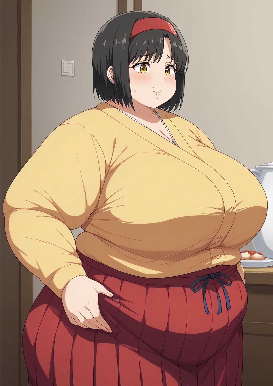 Erika, Erica,    yellow eyes  ,  Black Hair,  red headband,   Shorthair,  yellow kimono,  boobs are not exposed,   Long Sleeve  ,  red hakama, score_9,   score_8_ up,   score_7_ up,   score_6_ up,   score_5_ up,   score_4_ up,     masterpiece   ,   top quality,     very aesthetic  ,    absurd,    Source_Anime, Anime screencap,    one woman , Alone,   personal   ,  Super huge breasts, (((S uper huge クレビス, Super huge , Super huge boob))), Curvy,   in her 20s,  Mature Woman,   obese , ,  troubled expression, ssbbw,  embarrassing expression , Japanese-style room, Hunger, sighing ,Eating mochi , Swollen face 