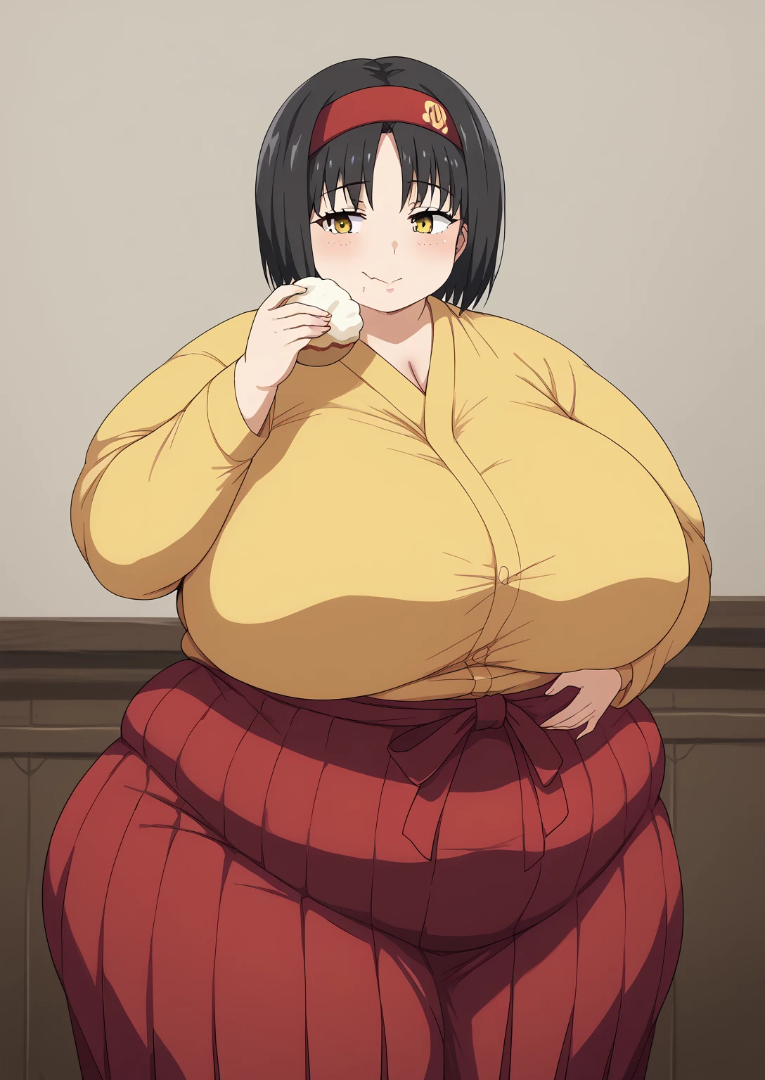 Erika, Erica,    yellow eyes  ,  Black Hair,  red headband,   Shorthair,  yellow kimono,  boobs are not exposed,   Long Sleeve  ,  red hakama, score_9,   score_8_ up,   score_7_ up,   score_6_ up,   score_5_ up,   score_4_ up,     masterpiece   ,   top quality,     very aesthetic  ,    absurd,    Source_Anime, Anime screencap,    one woman , Alone,   personal   ,  Super huge breasts, (((S uper huge クレビス, Super huge , Super huge boob))), Curvy,   in her 20s,  Mature Woman,   obese , ,  troubled expression, ssbbw,  embarrassing expression , Japanese-style room, Hunger, sighing ,Eating mochi , Swollen face 