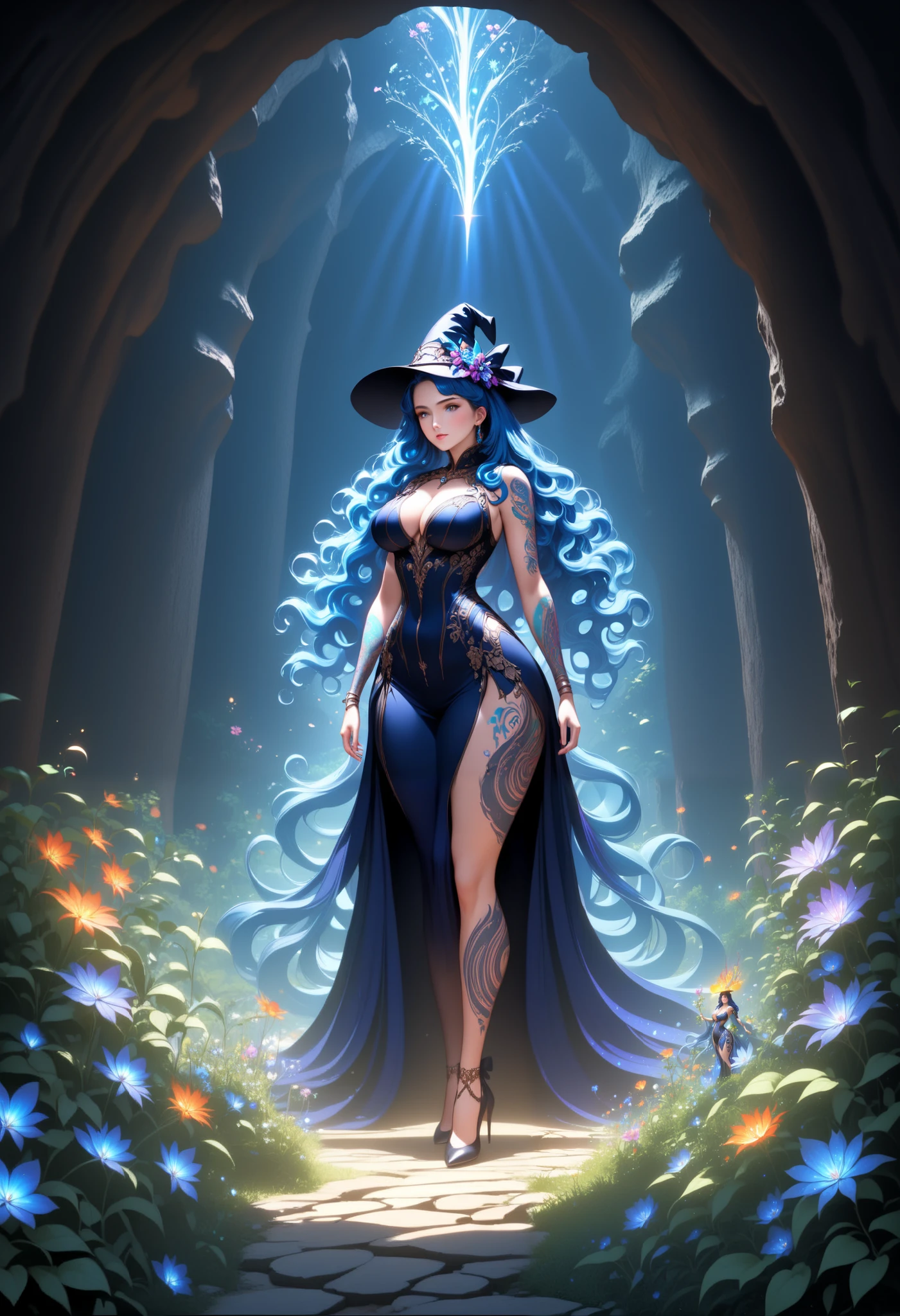 wallpaper, anime,  girl ,  blue hair, hat, bow, (( Curvy Wavy dress)),  Blue-black colors ,  full height,  perfect anatomy, barrette , magic,  arm tattoo ,  Beautiful curvy hair , background cave, month, plants, Mysterious flowers ,  fantasy, Стиль  fantasy, bright colors, rich colors ,  better quality ,  intricate details,  maximum quality, ( masterpiece fails), 8 k, perfect, Exactly,  dynamic shadows ,