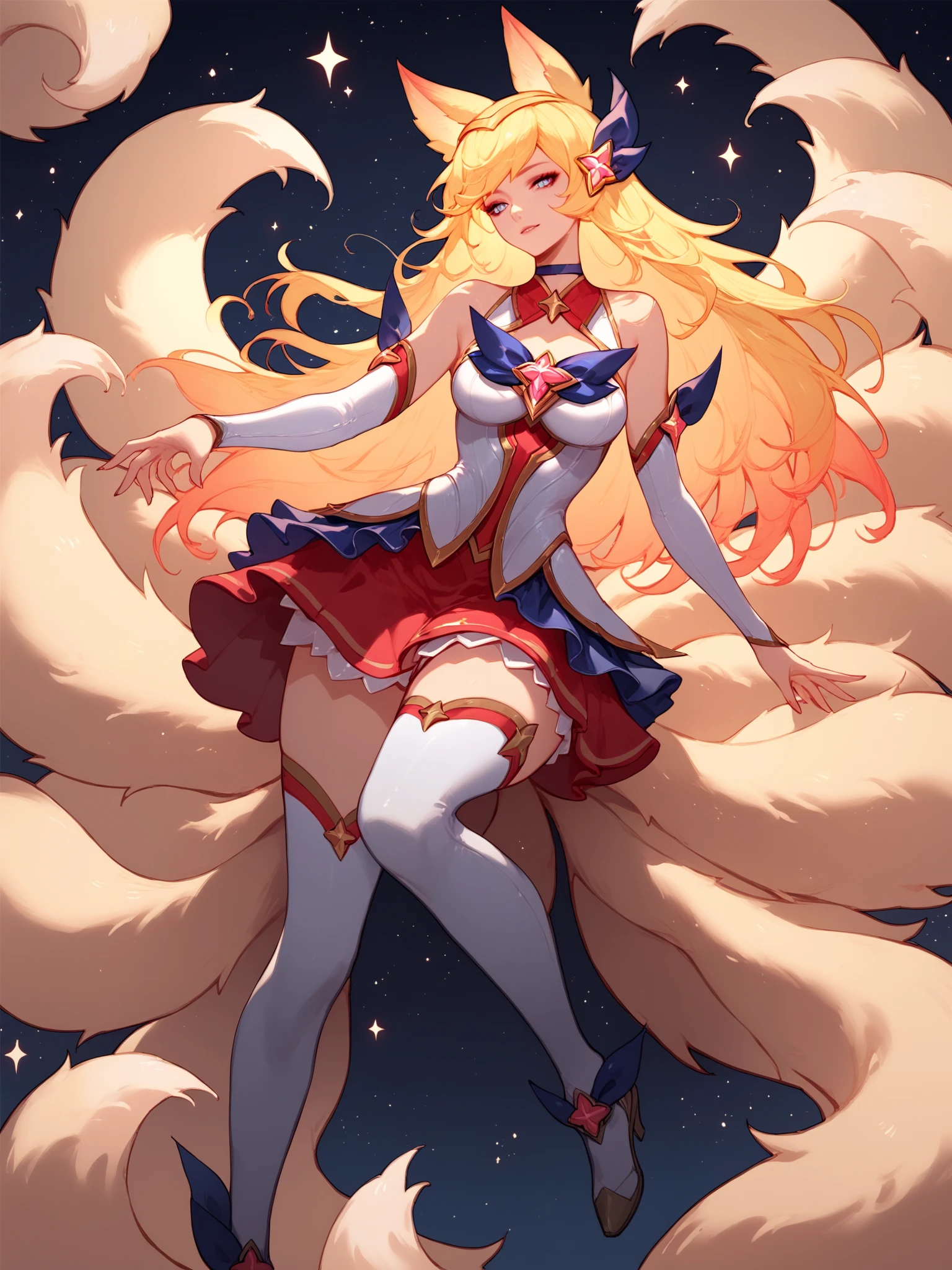 score_9, score_8_up, score_7_up, BREAK, AhriStarGuardian, blonde hair, blonde fox ears, black hairpin, white shirt, bare shoulders, white oversleeve, white red skirt, white stockings, shoes, fox tails, starry sky, dark theme, concept art, ExpressiveH,