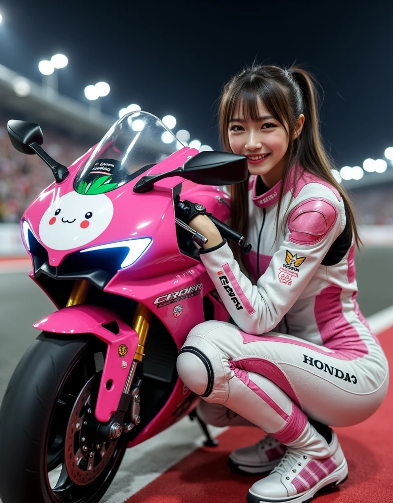 ultra-realistic, photorealistic, dramatic scene from the motorcycle racing competition, shadow, global-illumination, solo, very beautiful Japanese long haired woman, she is high school student but professional motorcycle racer, She is racing on the pink colored Honda's racing motorcycle, CBR1000RR, at the circuit at night, lots of spectators on the stand, wearing a very cute white daikon radish character printed pink with white colored leather racing suits, very tight fitting, wearing a fast-look patterned SHOEI full-face helmet with a transparent visor, beautiful detailed her eyes, the white daikon character that printed on the side of her motorcycle is 1 daikon\(large, very cute white daikon radish character, very cute smiled face, very detailed, chubby, full body\), (spot lighting), professional lighting, smile, 