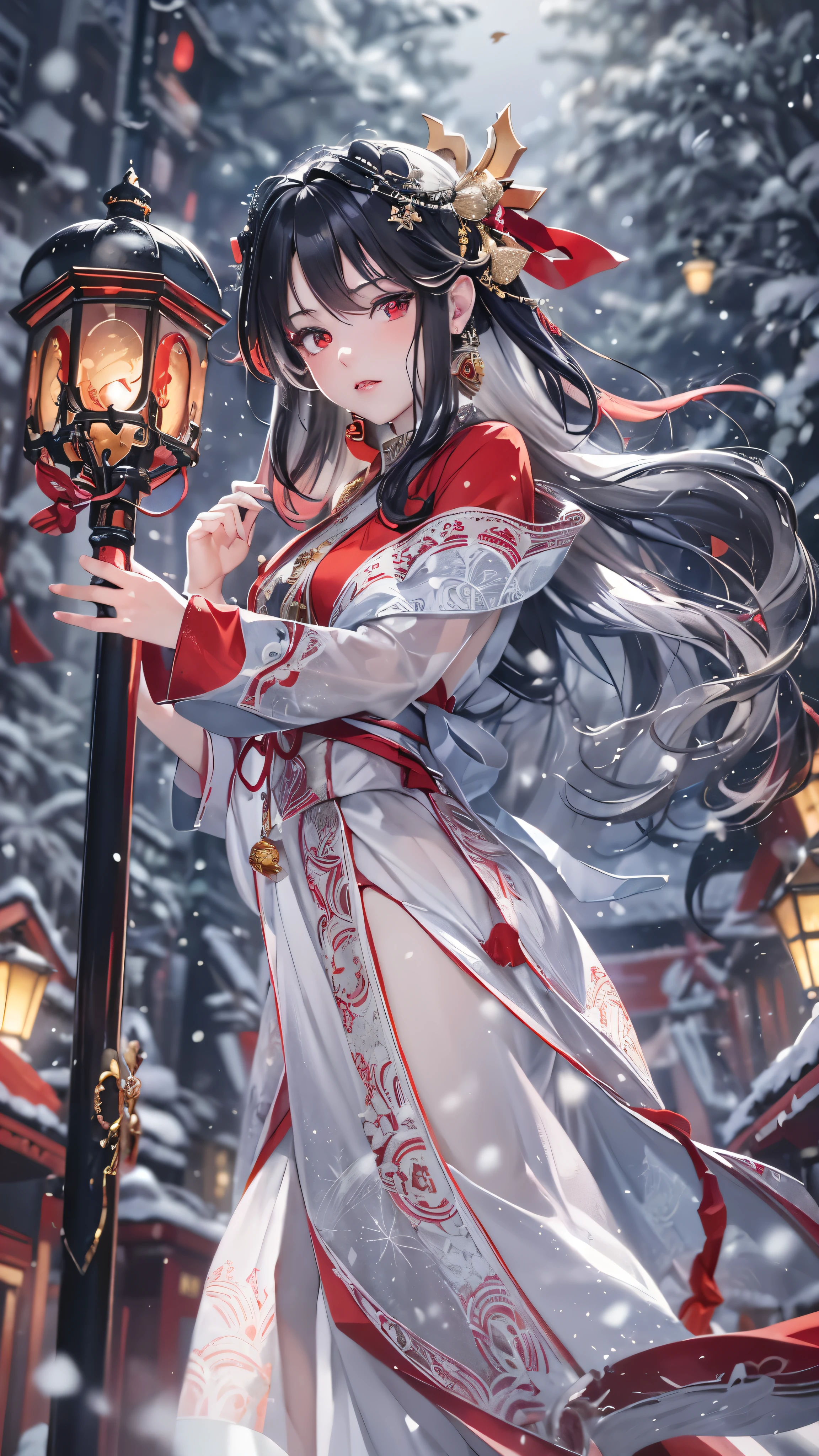  in high-definition images，(32K)  1 Amenouzume no Takeru ,Mythical Goddess 、  super fine, Small Mouth, lip biting makeup,  beautiful women, Black Hair,  red eyes,  high res, perfection.  portrait. White and Red Satin Shrine Maiden Costume 。 Goddess Who Appeared in the City on a Snowy Christmas Night。 Big Christmas Tree Background 。