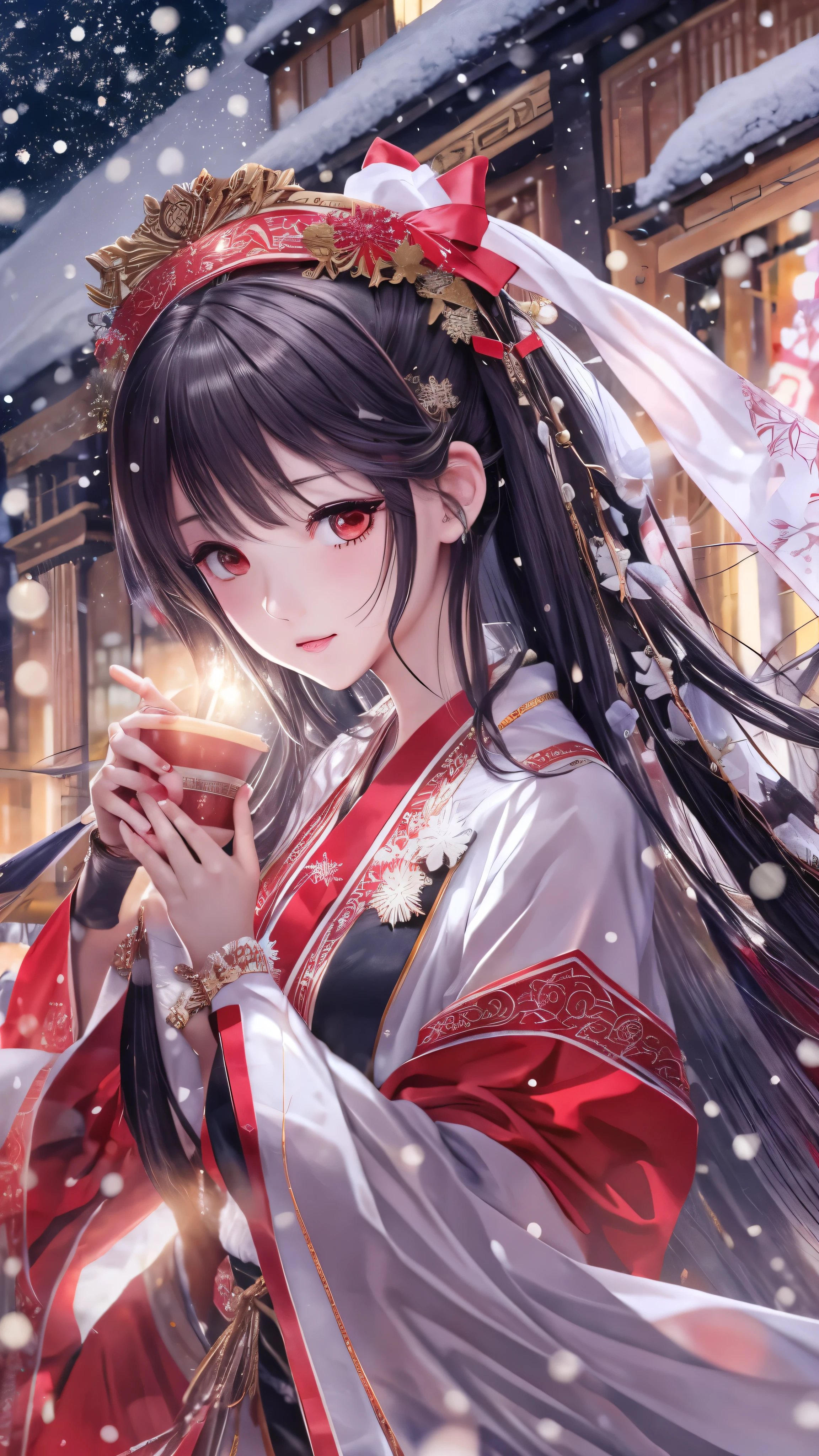  in high-definition images,(32K)  1 Amenouzume no Takeru ,神話のGoddess、  Super fine, Small Mouth, lip biting makeup,  beautiful women, Black Hair,  red eyes,  high res, perfection. portrait. White and Red Satin Shrine Maiden Costume 。（It appeared in the city on a snowy Christmas night）Goddess。 Big Christmas Tree Background 。