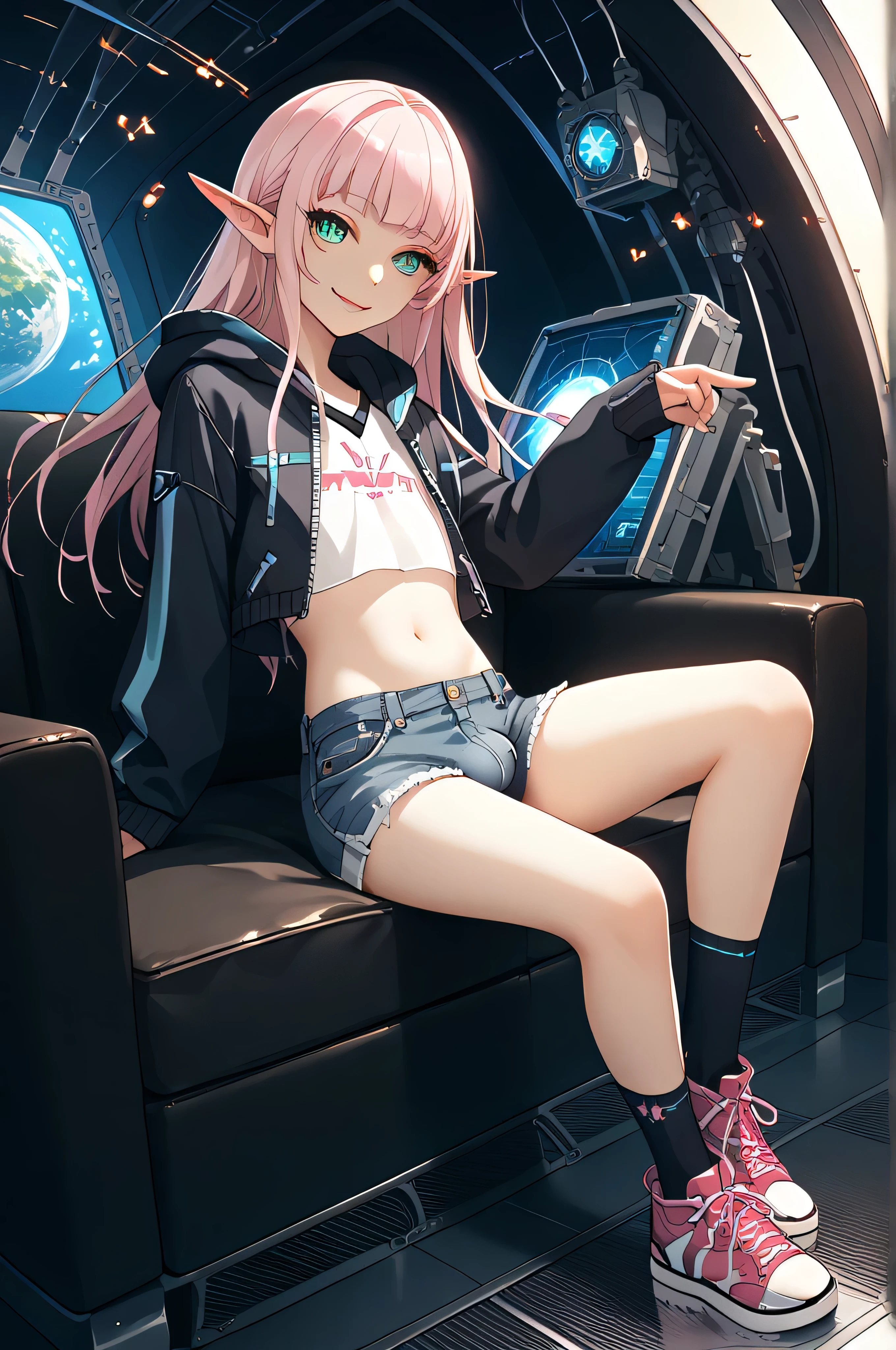 (((best quality))), (((masterpiece))), spacecraft_interior, elf, 15years old, otoko no ko, femboy, girly,  pink_hair, straight_long_hair, turquoise_eyes, thin_lips, crossdressing, casual jacket, crop_top, lowleg_shorts,thigh_high_socks, bulge, sneakers, cyberstyle wear, uncensored, fullbody, light smile, 