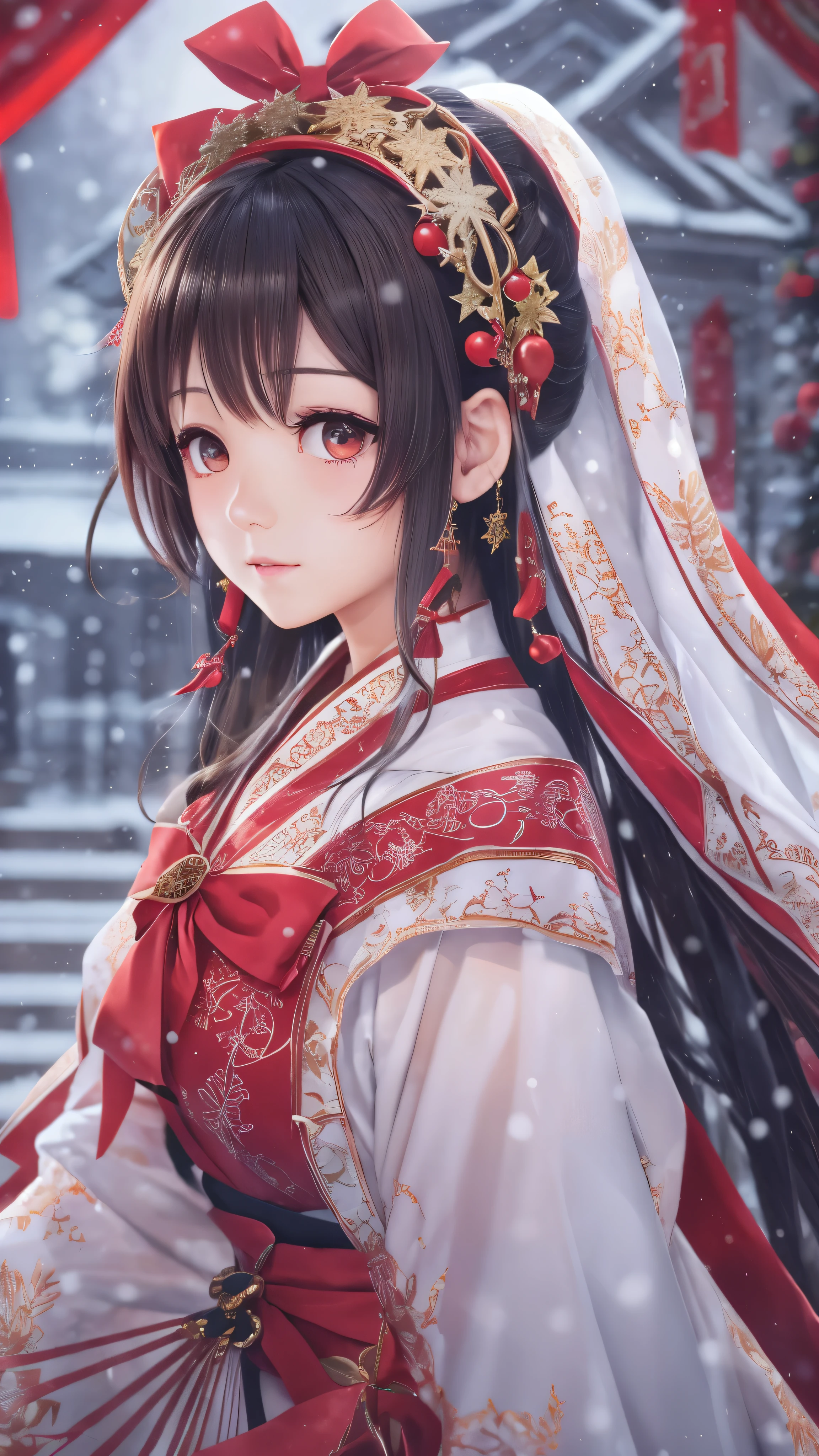  in high-definition images，(32K)  1 Amenouzume no Takeru ,Mythical Goddess 、  super fine, Small Mouth, lip biting makeup,  beautiful women, Black Hair,  red eyes,  high res, perfection.  portrait. White and Red Satin Shrine Maiden Costume 。 Goddess Who Appeared in the City on a Snowy Christmas Night。 Big Christmas Tree Background 。