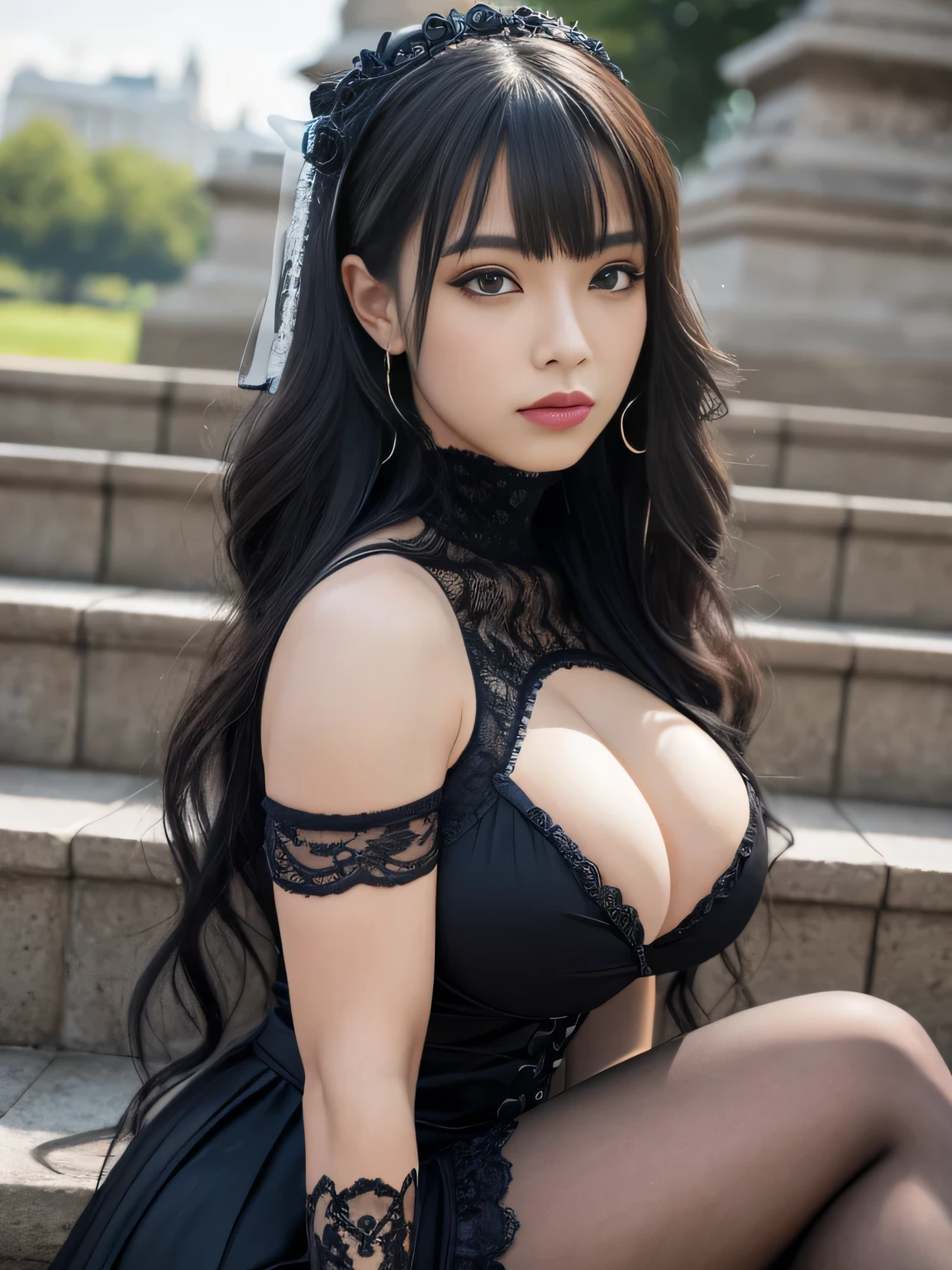 8K-quality, UHD, (HDR), RAW-photo, (Realistic:1.5), Subject is in the center of the frame, (Looking at the viewer:1.3), Absolute masterpiece,
Elaborate goth dress that is depicted in ultra detail, Tights, Outdoors, Stairs in the park,
(Huge breasts:1.2), Full-make up, Lip-make up, Glossy skin, Bangs, Short wavy bob, Very beautiful woman, She's strong and intimidating, Muscle body