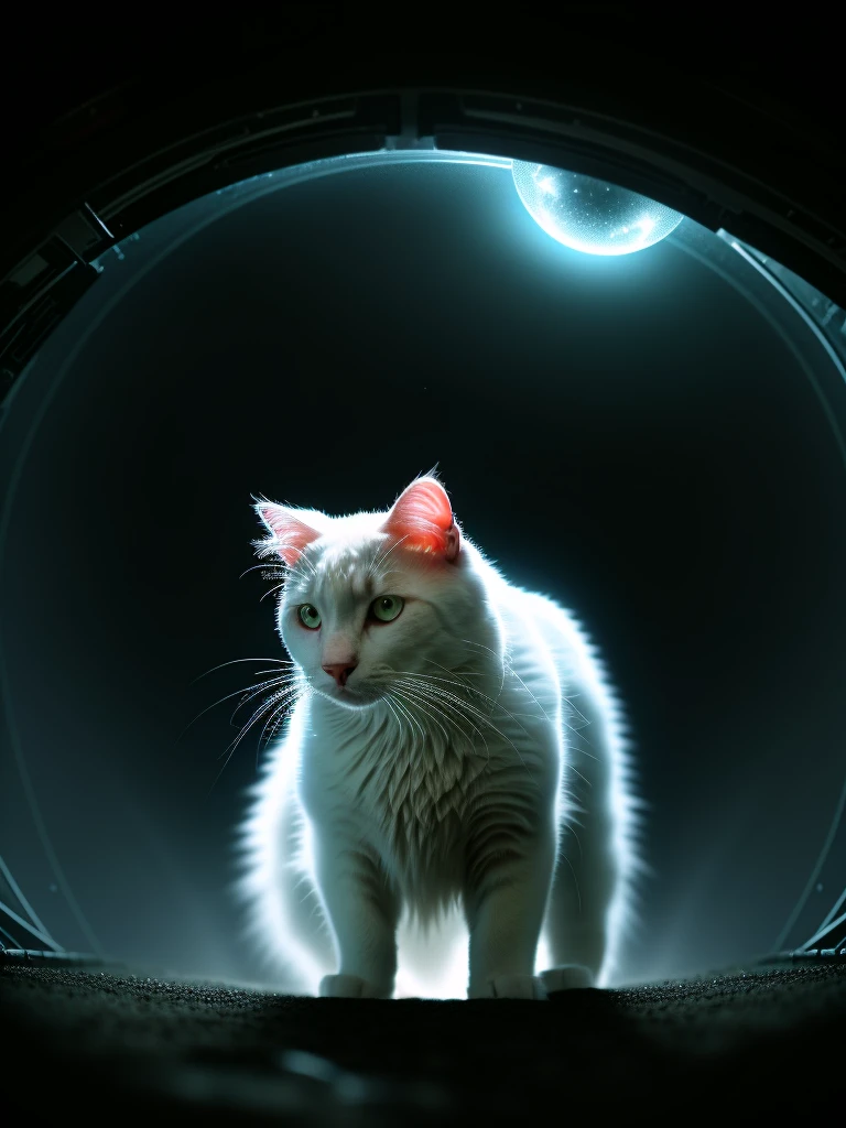 A close-up portrait of a white cat in a parallel universe, hyper detailed, cinematic, dramatic lighting, intricate sci-fi environment, neon lights, floating islands, alien architecture, glowing crystals, volumetric fog, futuristic, highly detailed, photorealistic, 8k, masterpiece, award winning, cinematic composition, dramatic angles, mood lighting, epic scale, sense of wonder, awe-inspiring