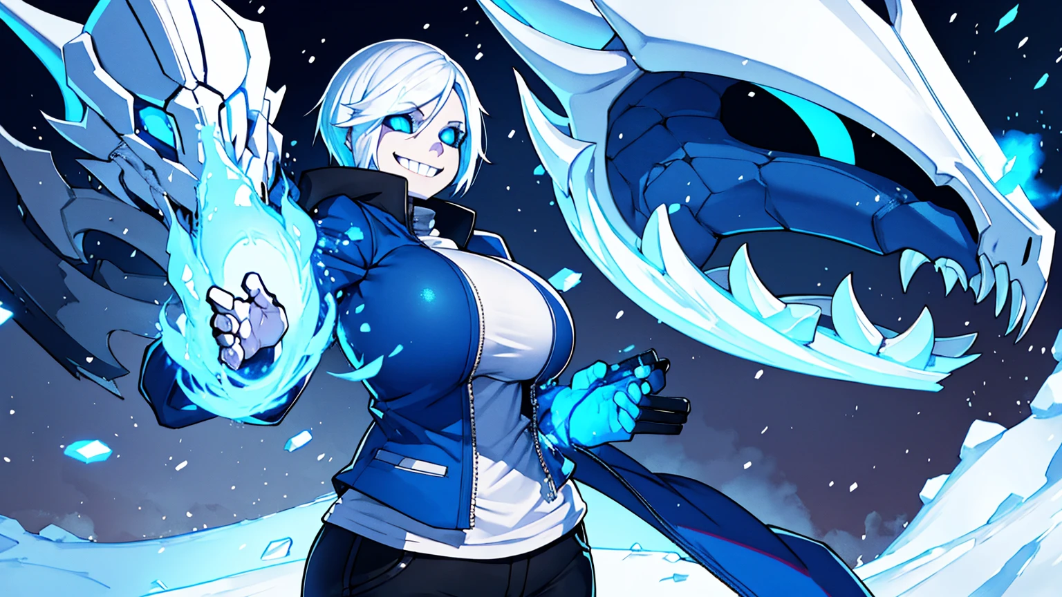 Sans blue jacket black shirt fire eyes skull smile long eyelashes white short hair glowing face blue dragon skull cannon standing alone in the snow town Femininefull Super huge big breasts breast enlargement full-body shot