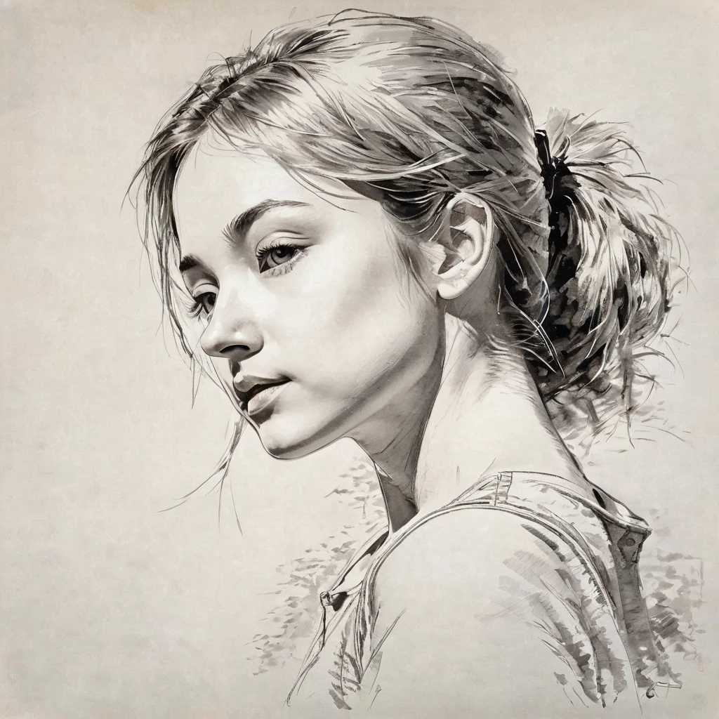 Super detailed, top quality, sketch of one girl, head to shoulder pose, small binears, ((from front: 1.2)), pen and ink,  poetic atmosphere, exquisite expression, complex brush strokes, center, (light from the side, light and shadow), ray tracing, (masterpiece)