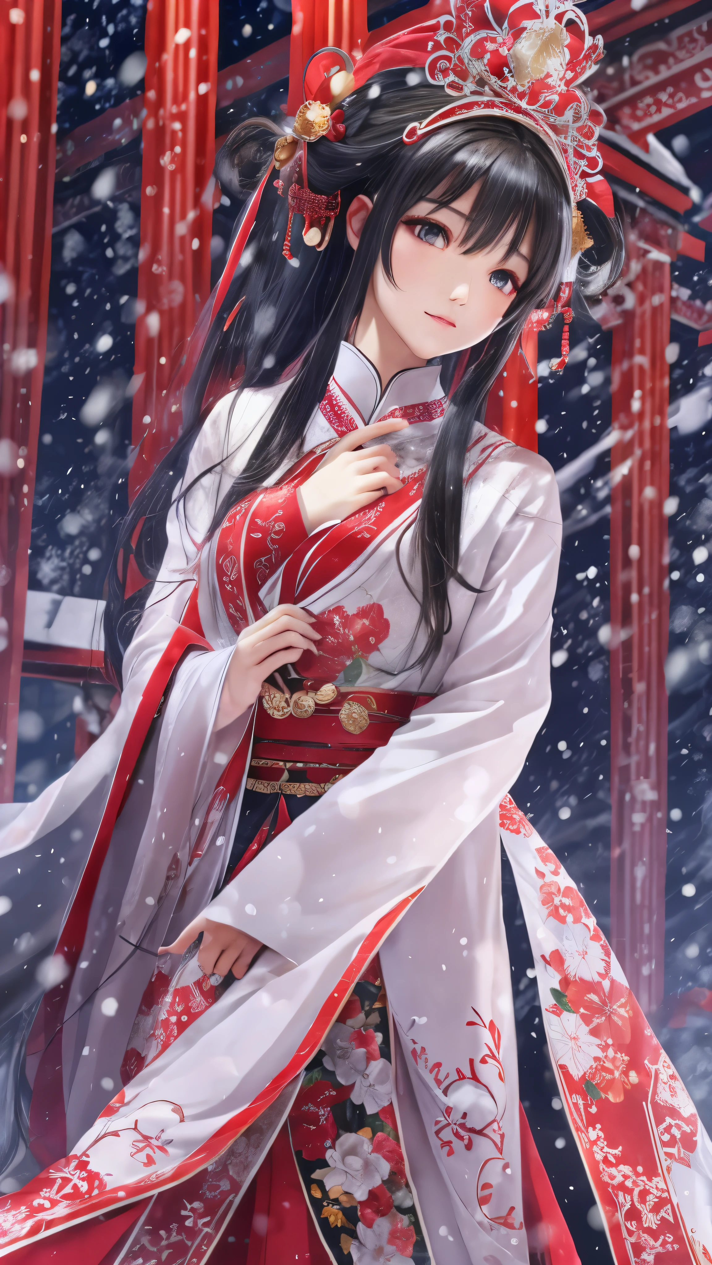  in high-definition images，(32K)  1 Amenouzume no Takeru ,Mythical Goddess 、  super fine, Small Mouth, lip biting makeup,  beautiful women, Black Hair,  red eyes,  high res, perfection.  portrait. White and Red Satin Shrine Maiden Costume 。 Goddess Who Appeared in the City on a Snowy Christmas Night。 Big Christmas Tree Background 。