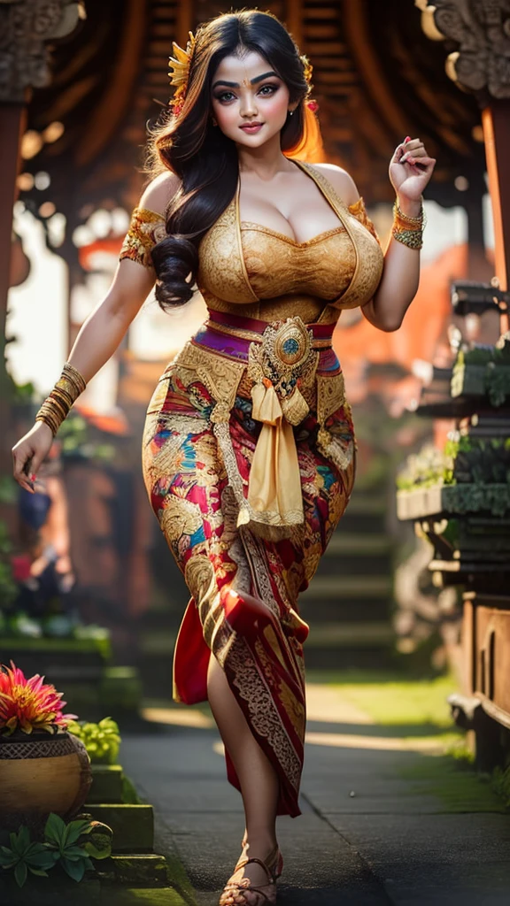 (( top quality)), ((masterpiece)), (detail), heavenly beauty Aishwarya look alike  , perfect facial detail , fit curvy body , Beautiful legs,Balinese girl wearing Balinese traditional clothes, dancing traditional Balinese dance, Balinese epic vibes