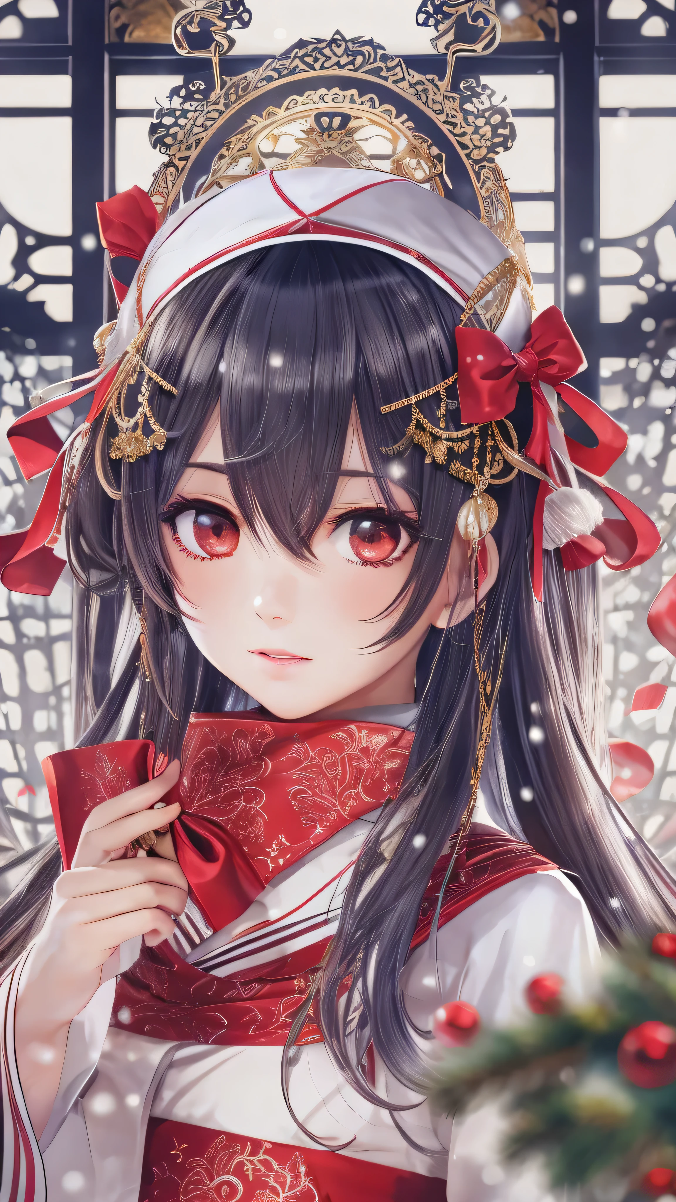  in high-definition images,(32K)  1 Amenouzume no Takeru ,神話のGoddess、  Super fine, Small Mouth, lip biting makeup,  beautiful women, Black Hair,  red eyes,  high res, perfection. portrait. White and Red Satin Shrine Maiden Costume 。（It appeared in the city on a snowy Christmas night）Goddess。 Big Christmas Tree Background 。