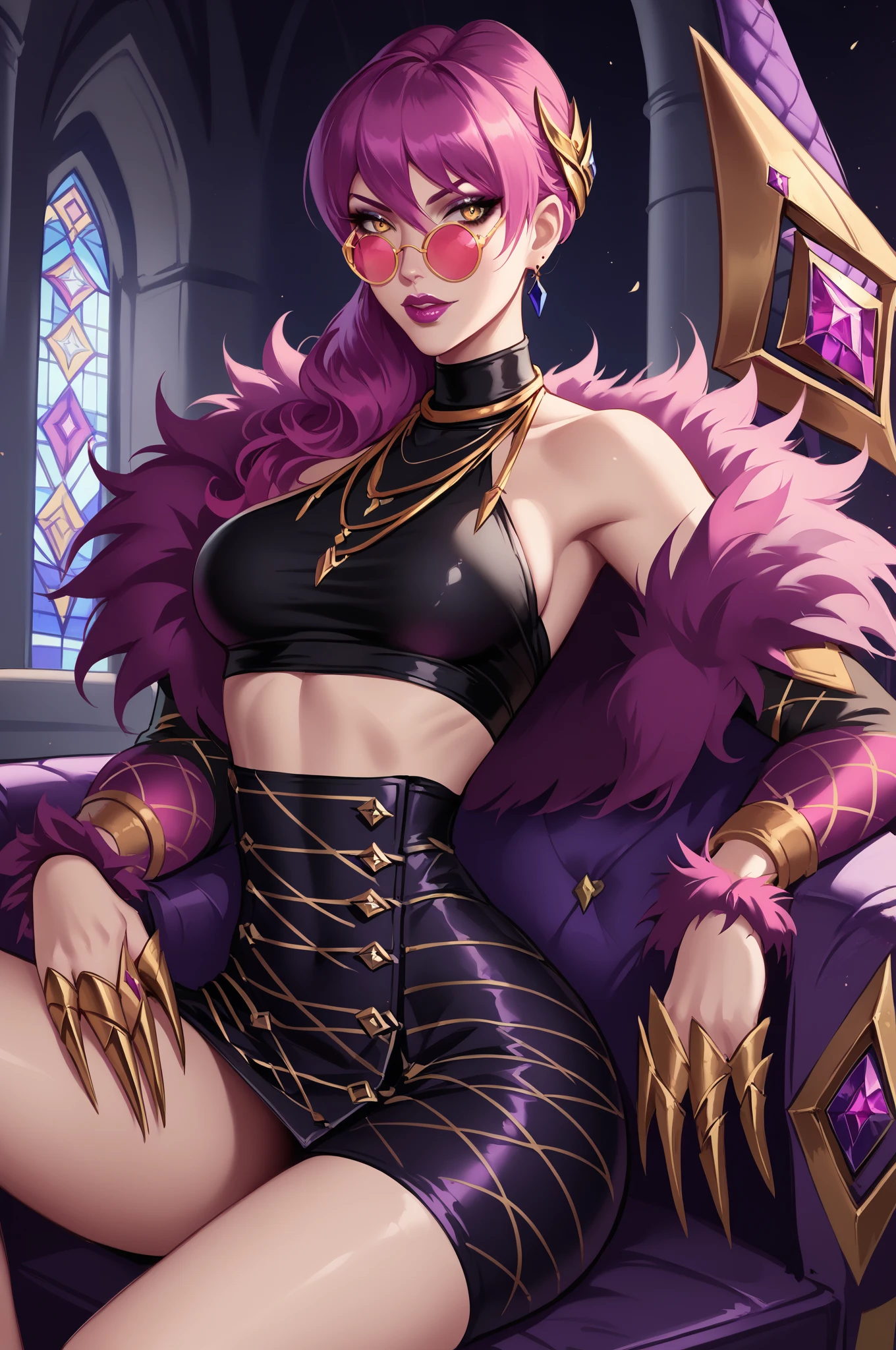 score_9, score_8_up, score_7_up, masterpiece, high quality,  1girl, long hair, pink hair, yellow eyes, makeup, hair over shoulder, fur boa, fur trim, necklace, halterneck, bare shoulders, detached sleeves, midriff, petticoat, golden claws, pink-tinted eyewear, pince-nez, round eyewear, sitting on a purple throne in a castle, dark, torches