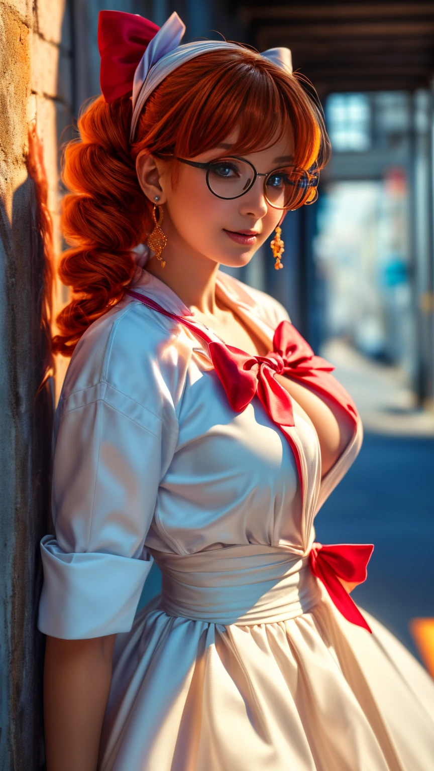 1 girl, Alone, Yorigami Jo'on,  orange hair , hair drill ,  glasses on the head, orAnge eyes, jewelry, bow,  white dress ,  purple jacket , earrings, leaning against the wall, backwards,  Looking at the viewer,  Very big eyes,  ironic smile , outdoors, city (( Ultra High Definition ,  The best quality:1.4, photorealistic :1.4,  skin texture:1.4,  masterpiece:1.8.  hyperrealistic)), (( 20-year-old white female , extremely sexy,  big breasts,  ultra intricate details , ((background blur, (8K quality, ) marked shadows,  Precise simulation of interaction with indirect light)), (( asymmetric composition , dramatic light parameters )) Night,  at night, middle body, close up,
