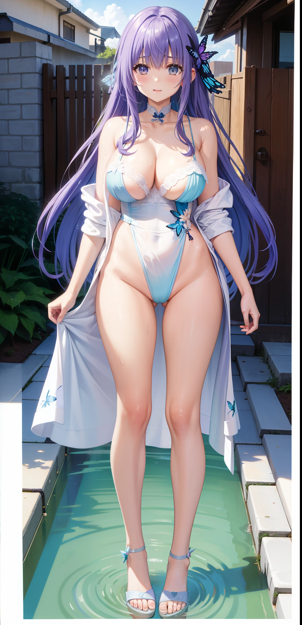 (master piece), (best quality), (4k definition), (anatomy; perfect), Hatsune Miku character, 1 girl, fair skin, blue eye, blue hair), (Locks, bangs), hair tied on both sides , (hair lighting effects), eyebrow, nose, ear, tight mouth, smile, (bright skintight swimsuit), thick legs thick thighs, standing, backdrop, in the park, beautiful day, lighting, looking at the Viewer