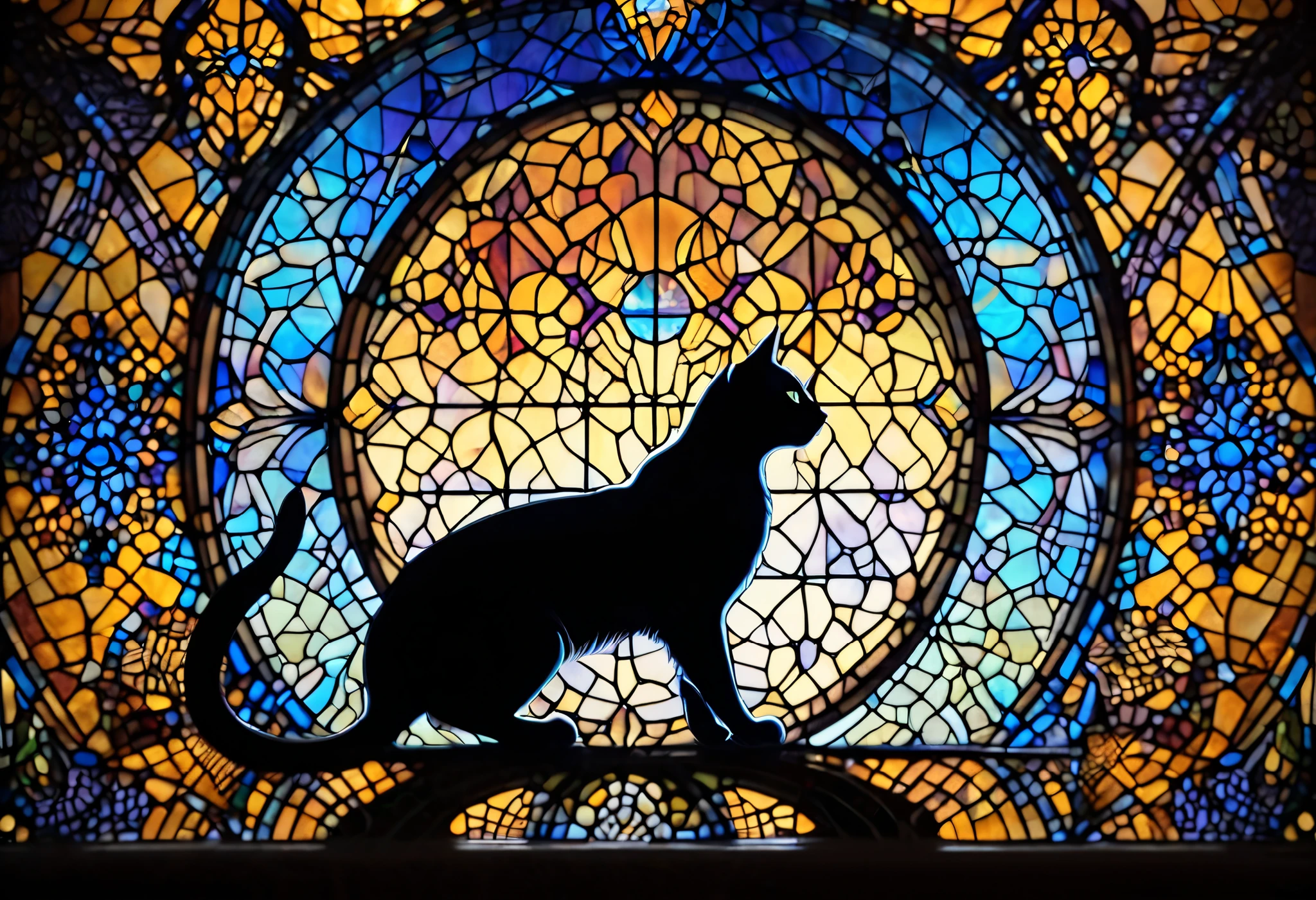 araffe silhouette of a cat in front of a   stained glass   window, on a   stained glass   window, maxim verehin   stained glass  , backlit   stained glass  ,   Cat Silhouettes  ,   stained glass  ,   stained glass   art,   stained glass  , "dirty" , the dark Cat God ,   stained glass   window,   mysterious cathedral window  ,  Looking Out of Window , gothic   stained glass   style, Cat God 