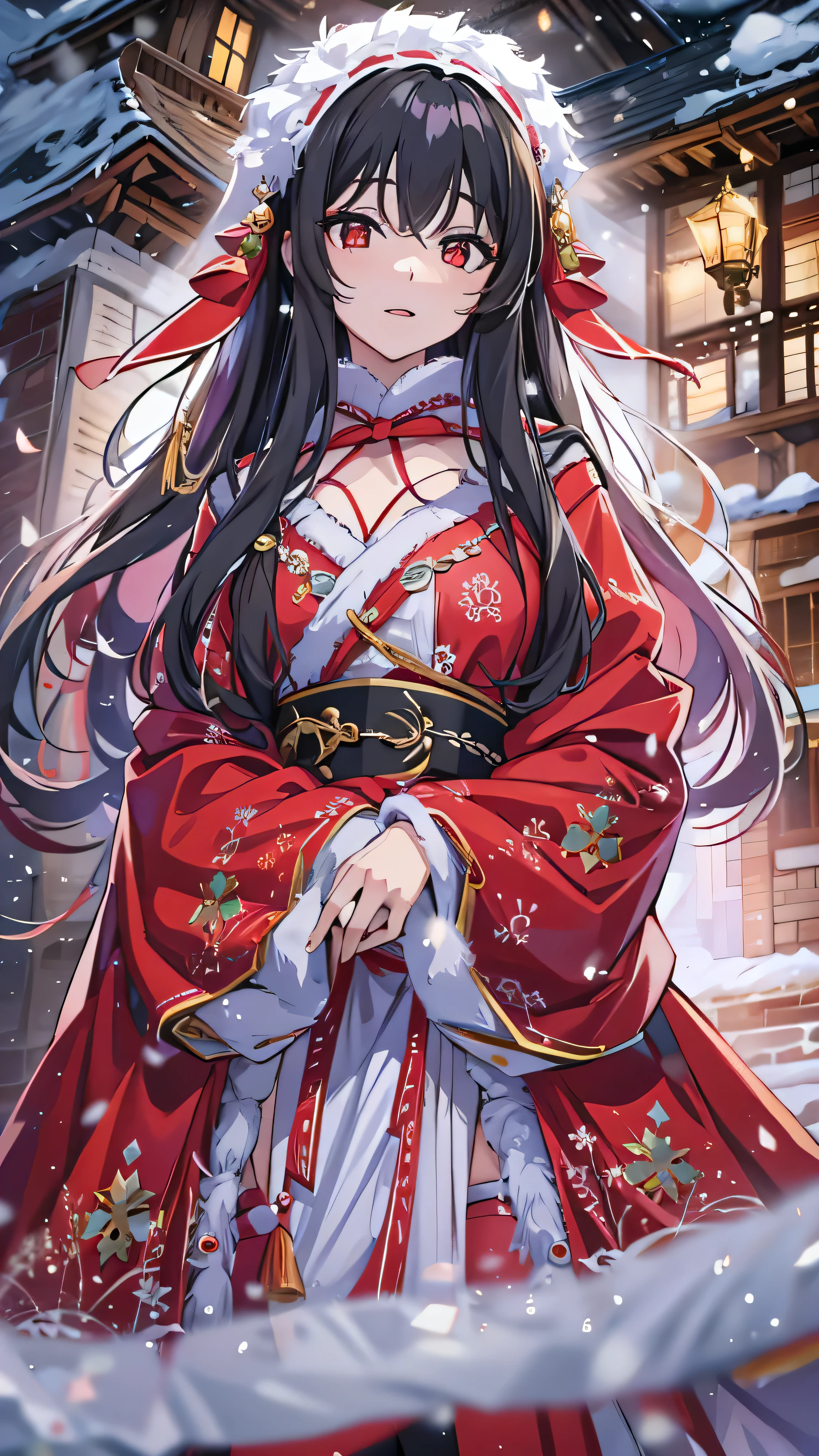  in high-definition images,(32K)  1 Amenouzume no Takeru ,Mythical Goddess 、  super fine, Small Mouth, lip biting makeup,  beautiful women, Black Hair,  red eyes,  high res, perfection. portrait. White and Red Satin Shrine Maiden Costume 。 Goddess Who Appeared in the City on a Snowy Christmas Night。（ Big Christmas Tree Background ）