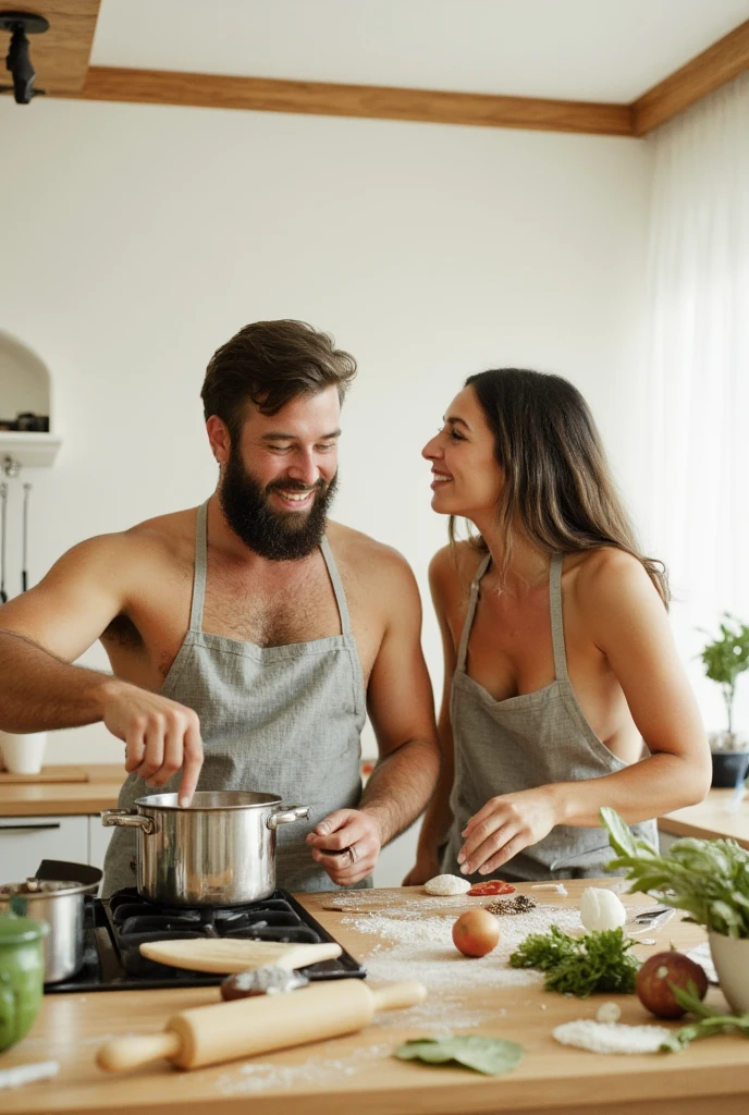 A bright, modern kitchen filled with natural light. A bearded man and a woman are cooking together, wearing only aprons, their bare shoulders and playful smiles radiating love and intimacy. The man stirs a pot on the stove while the woman playfully sprinkles flour on his cheek, both laughing warmly. The counter is cluttered with fresh ingredients, a rolling pin, and bowls, emphasizing the lively cooking process. The atmosphere is filled with romantic energy, with their close proximity and the subtle gestures of affection as they create a meal together.