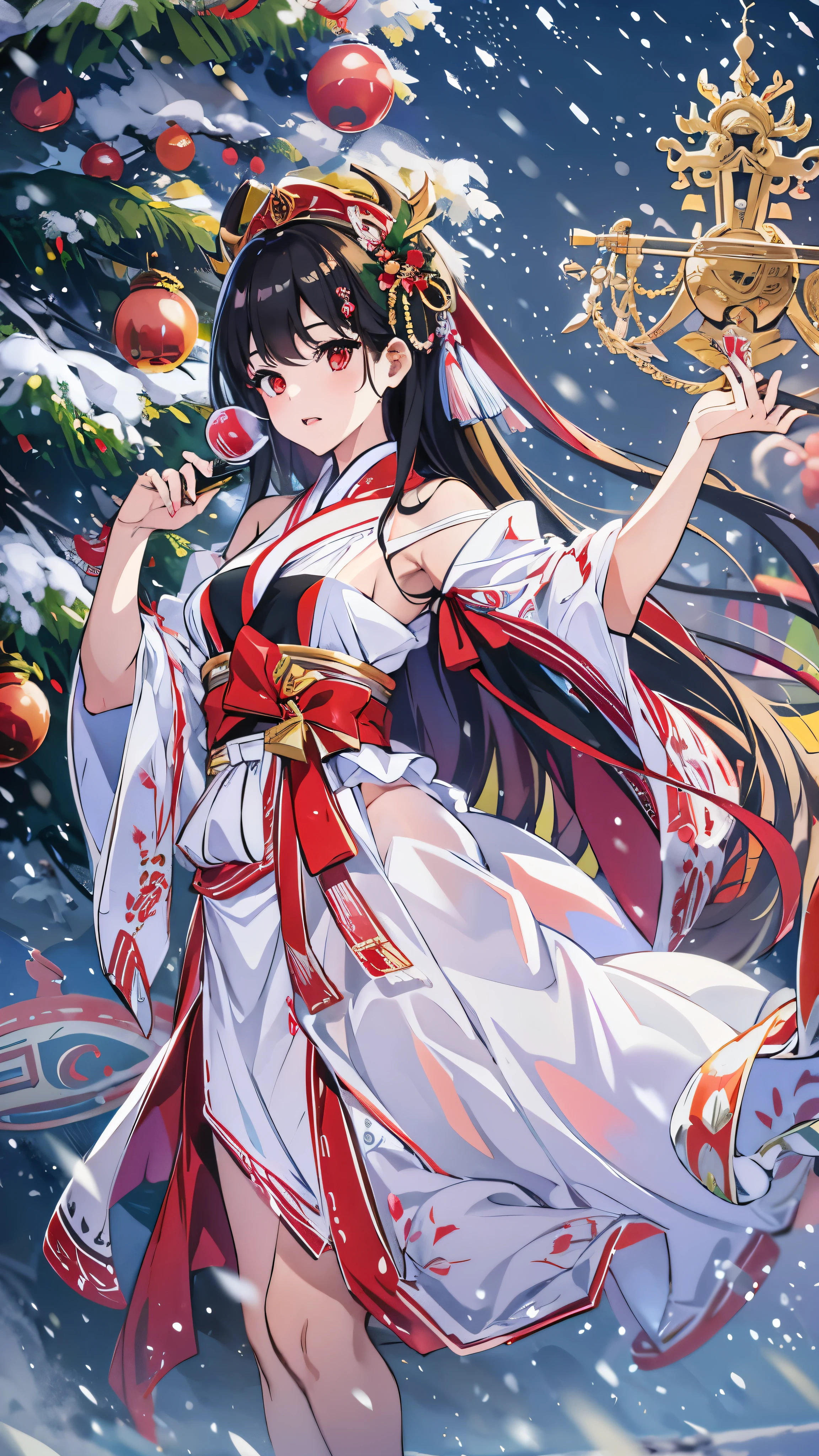  in high-definition images,(32K)  1 Amenouzume no Takeru ,Mythical Goddess 、  super fine, Small Mouth, lip biting makeup,  beautiful women, Black Hair,  red eyes,  high res, perfection. portrait. White and Red Satin Shrine Maiden Costume 。 Goddess Who Appeared in the City on a Snowy Christmas Night。（ Big Christmas Tree Background ）