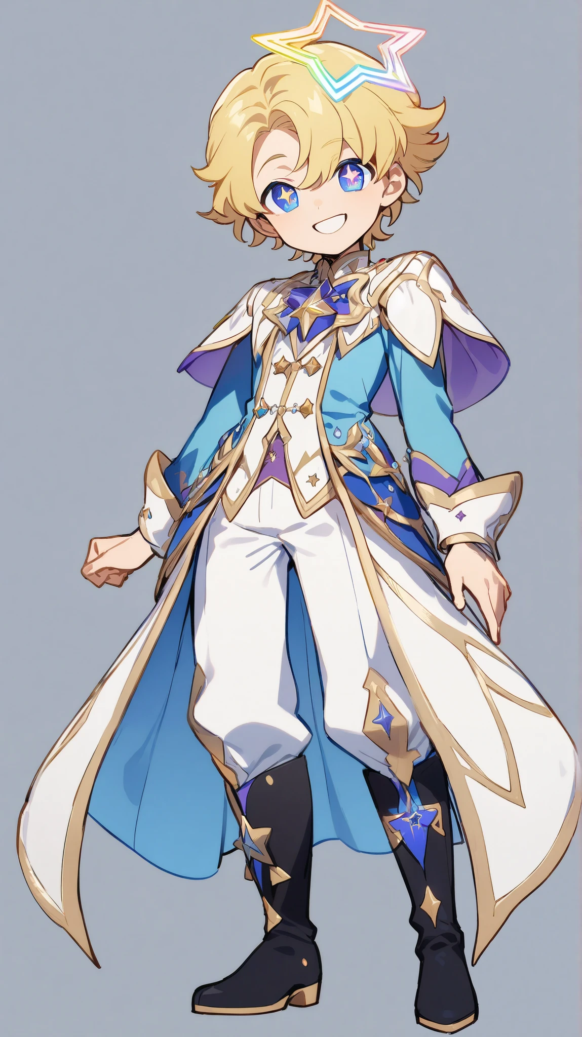 (((Highest Quality))), (Simple background), single character, 1boy, standing, Happy, Multicolored Eyes, prince, short Hair, blonde hair, curly, magical boy, intricate clothes, blue coat, white pants, black boots, star-shaped halo, blue eyes, ((star-shaped pupils)), star (symbol), character reference