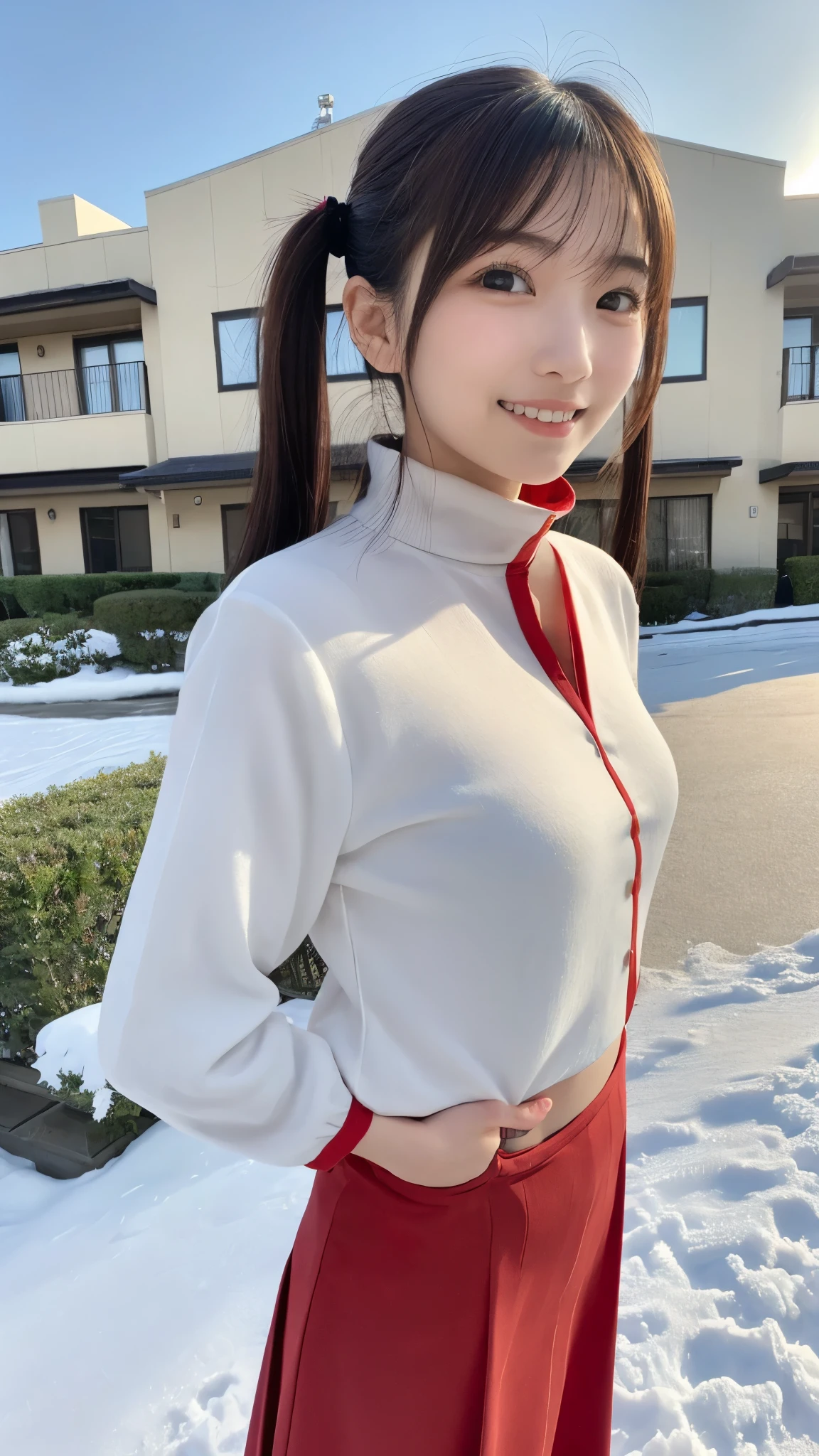 masterpiece, top quality, high image quality,( super flat , flat shading ), fisheye lens, Beautiful ite young Japanese girl standing on the roof of a multi-tenant building、 Santa cosplay 、 red costume 、 twin tails, Moderate bust、smile, White Breath,fun, winter, snow, 新snow,dusk, Beautiful Sunsets ,Wide angle, bright color ,Strong winds,Flowing hair、solo、
