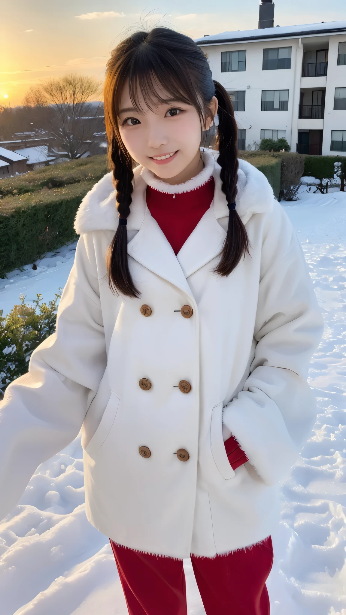 masterpiece, top quality, high image quality,( super flat , flat shading ), fisheye lens, Beautiful ite young Japanese girl standing on the roof of a multi-tenant building、 Santa cosplay 、 red costume 、 twin tails, Moderate bust、smile, White Breath,fun, winter, snow, 新snow,dusk, Beautiful Sunsets ,Wide angle, bright color ,Strong winds,Flowing hair、solo、