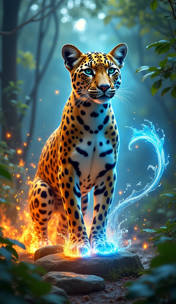 A mystical scene featuring an elemental leopard embodying the four elements. The leopard's fur is a dynamic blend: fiery flames ripple along its paws, a flowing water-like tail shimmers with blue hues, lush green leaves sprout along its back, and glowing stone-like markings cover its body. The leopard stands in the center of an enchanted glade, surrounded by swirling elemental energies. Fire crackles, water streams, winds spiral, and glowing rocks hover, blending harmoniously around the leopard. The glowing jungle backdrop is vibrant and alive, illuminated by the magical interplay of the four elements. The atmosphere is powerful and surreal, highlighting the leopard as the majestic guardian of nature's balance.