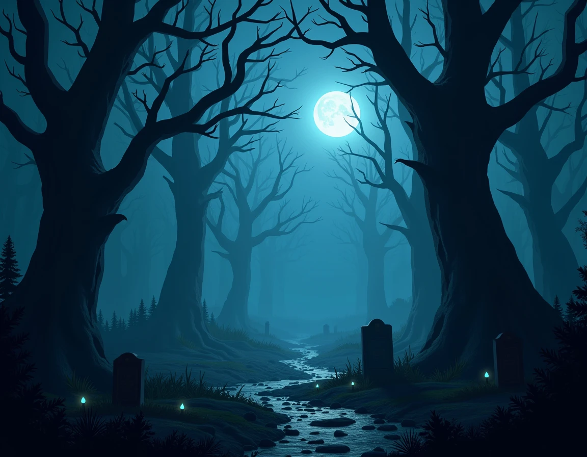 hires,high quality,best quality, chiaroscuro, graveyard-background,scenery, beautiful, clean, flowers, glowing flowers, night ,graveyard, moon, stone fence, stone walls, tombstones, ghost, eerie, ominous, forest