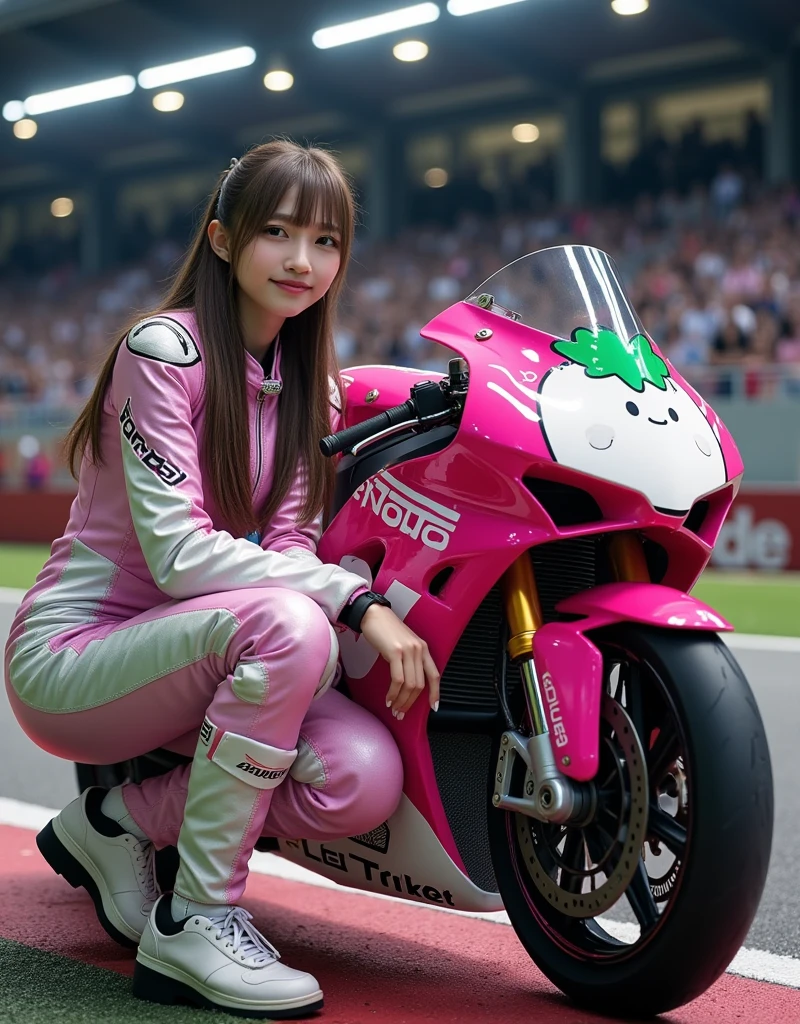 ultra-realistic, photorealistic, dramatic scene from the motorcycle racing competition, shadow, global-illumination, solo, very beautiful Japanese long haired woman, she is high school student but professional motorcycle racer, She is squatting by the pink colored Honda's racing motorcycle, CBR1000RR, at the circuit at night, lots of spectators on the stand, wearing a very cute white daikon radish character printed pink with white colored leather racing suits, very tight fitting, wearing a fast-look patterned SHOEI full-face helmet with a transparent visor, beautiful detailed her eyes, the white daikon character that printed on the side of her motorcycle is 1 daikon\(large, very cute white daikon radish character, very cute smiled face, very detailed, chubby, full body\), (spot lighting), professional lighting, smile, 