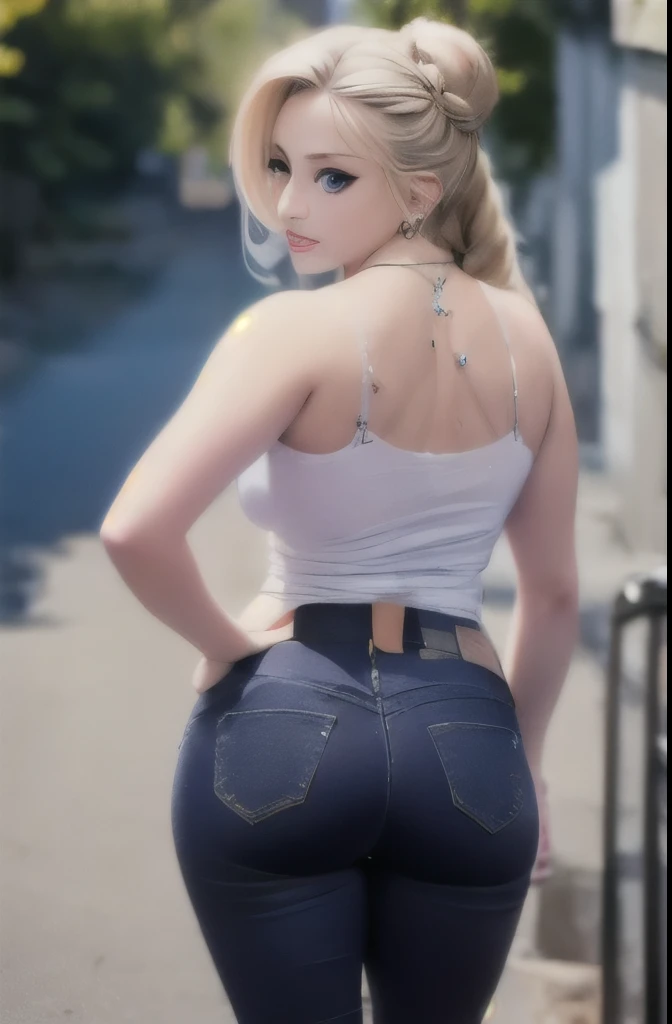 realisticlying、女の子 1 人、a blond、bob cuts、Red ribbons、radiant eyes、large boob、Tank Tops, leather pant、Shooting from the side, Open your crotch wide, Hands on the buttocks