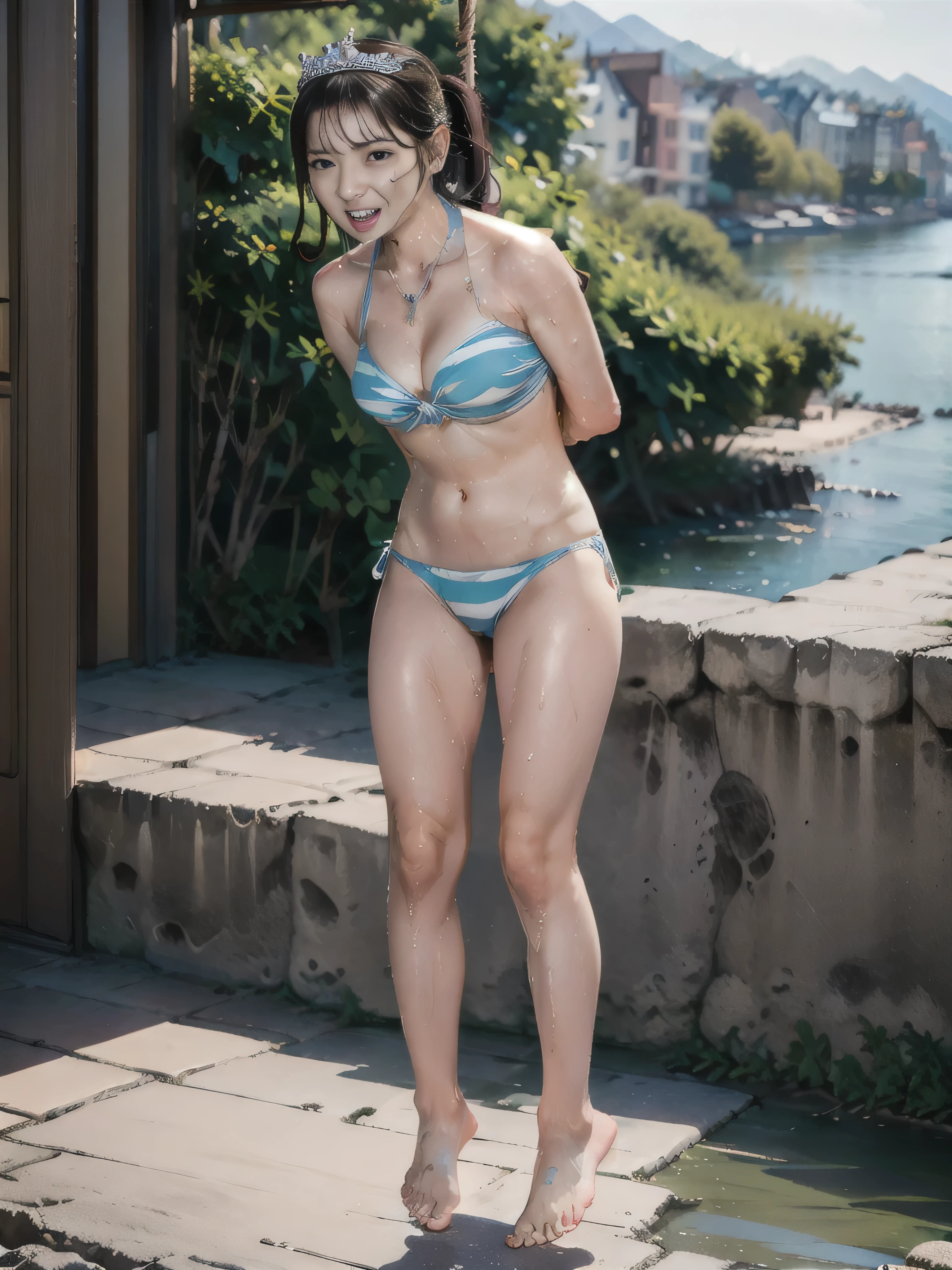 masterpiece, top-quality, FULL ANATOMY、Raw photo, Photorealistic, (((Beautiful naked barefoot young Japanese girl hanging from the cliff with her arms back tied by a rough rope ,floating rampaging legs in the air))),glaring at the viewer, (rampaging :2.5),(execution),((incontinence)),grit her teeth in pain, scared,torture,slave,Defeated heroine,natural front lighting, ultra sharp focus,highest quality,(full body shot:2), masterpiece,UHD, Super detailed, 8k,(((huge breasts))),(Wearing tiara and shiny torn dirty pastel-colored bikini and earrings, necklace, bangle:1.3), horror scene,(((photo realistic,hyper-realistic, high detail Photo))),swinging curly long brown ponytail hair,beautiful face, (rampaging :2),(((dripping with sweat from toes))),cliff and Fjord background