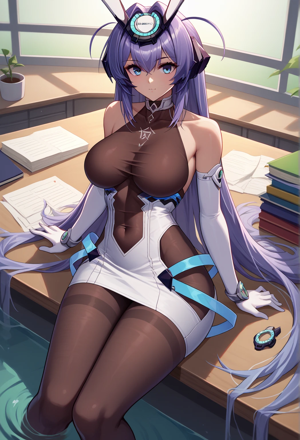 score_9, score_8_up, score_7_up, source_anime, solo, 1girl, newjerseydef, looking at viewer, sitting on top of a desk, wading, headgear, white dress, bodystocking, covered collarbone, covered navel, white gloves, elbow gloves, black pantyhose, thighband pantyhose, bare shoulders, large breasts