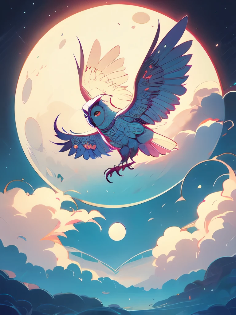 an owl flying over a moon with swirling clouds and bubbles, digital art by Tomek Setowski, behance contest winner, psychedelic art, hyper - detailed visionary art, highly detailed visionary art, beeple and jeremiah ketner, intricate fantasy painting, hyper detailed visionary art, dan mumford and alex grey style, visionary art style, radiant owl