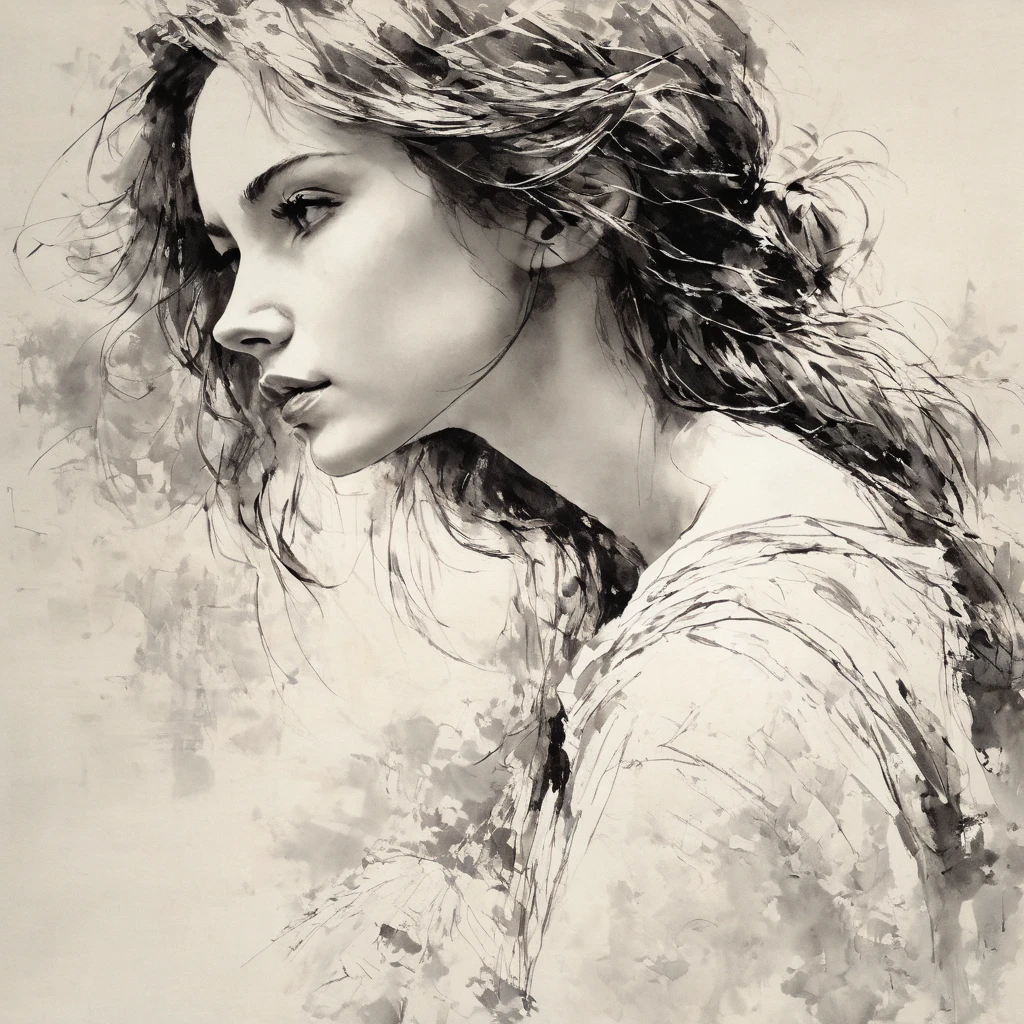 Super detailed, in the highest quality, sketch of one girl, pose from head to shoulder, pen and ink, melancholic, poetic atmosphere, exquisite expression, intricate brush strokes, center, (light from above, light and shadow, ray tracing), (masterpiece)