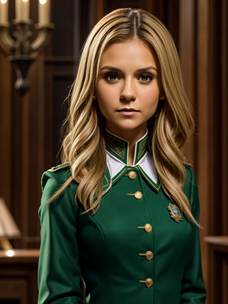 nina dobrev as a blonde, dressed in a hogwarts slytherin uniform from harry potter