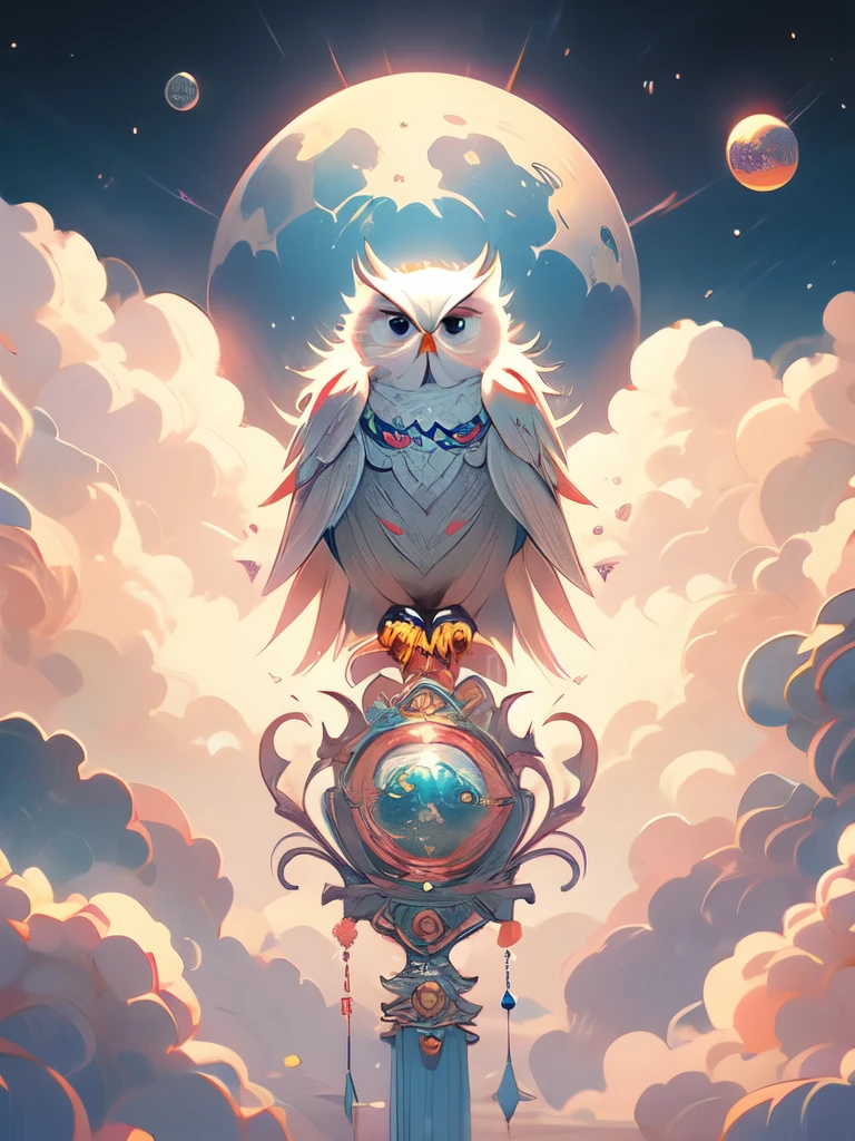 an owl flying over a moon with swirling clouds and bubbles, digital art by Tomek Setowski, behance contest winner, psychedelic art, hyper - detailed visionary art, highly detailed visionary art, beeple and jeremiah ketner, intricate fantasy painting, hyper detailed visionary art, dan mumford and alex grey style, visionary art style, radiant owl