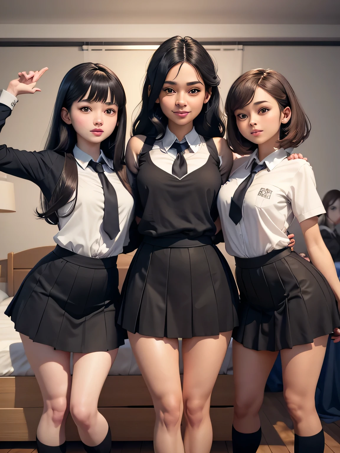 Black hair, Twin-tailed, Torogao, POV, NSFW, masutepiece, Open legs、Spreading the crotch、Textured skin, 4K、Sexy costume、School Sailor Uniform、2girls, an legs, Beautiful fece, ​masterpiece, top-quality ,beauty legs、a beauty girl