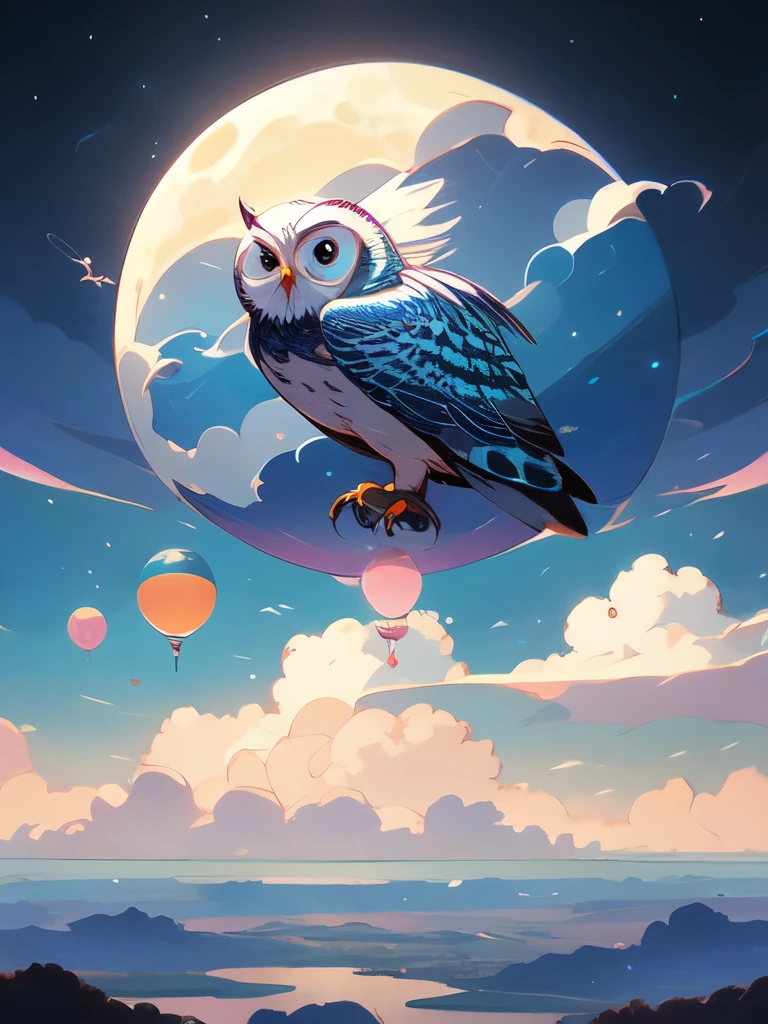 an owl flying over a moon with swirling clouds and bubbles, digital art by Tomek Setowski, behance contest winner, psychedelic art, hyper - detailed visionary art, highly detailed visionary art, beeple and jeremiah ketner, intricate fantasy painting, hyper detailed visionary art, dan mumford and alex grey style, visionary art style, radiant owl