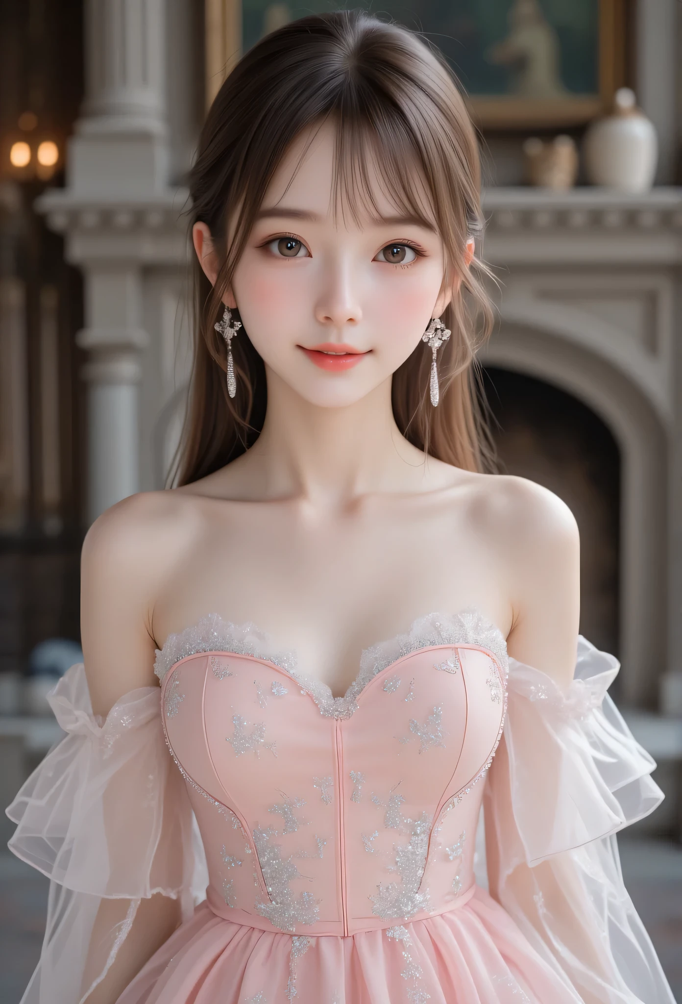 (super shiny crystal-clear transparent pale skin colored pvc princess line ball gown dress :1.4),(super cute young face:1.5),(sparkling clear attractive large glowing eyes:1.5), (japanese idol face:1.5),very beautiful cute girl,(baby face:1.4),(thirteen  years old:1.4),exquisite smooth and silky long brown straight hair,fair skin,(happy cheerful smile),professional photograph ,(super shiny crystal-clear transparent pale skin colored pvc princess line ball gown dress :1.4),(huge breasts:1.5),body shot,
narrow waist,in the castle