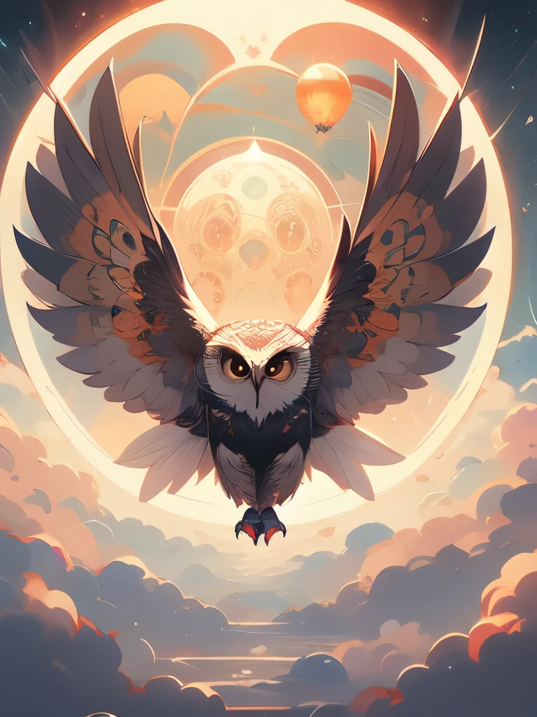 an owl flying over a moon with swirling clouds and bubbles, digital art by Tomek Setowski, behance contest winner, psychedelic art, hyper - detailed visionary art, highly detailed visionary art, beeple and jeremiah ketner, intricate fantasy painting, hyper detailed visionary art, dan mumford and alex grey style, visionary art style, radiant owl