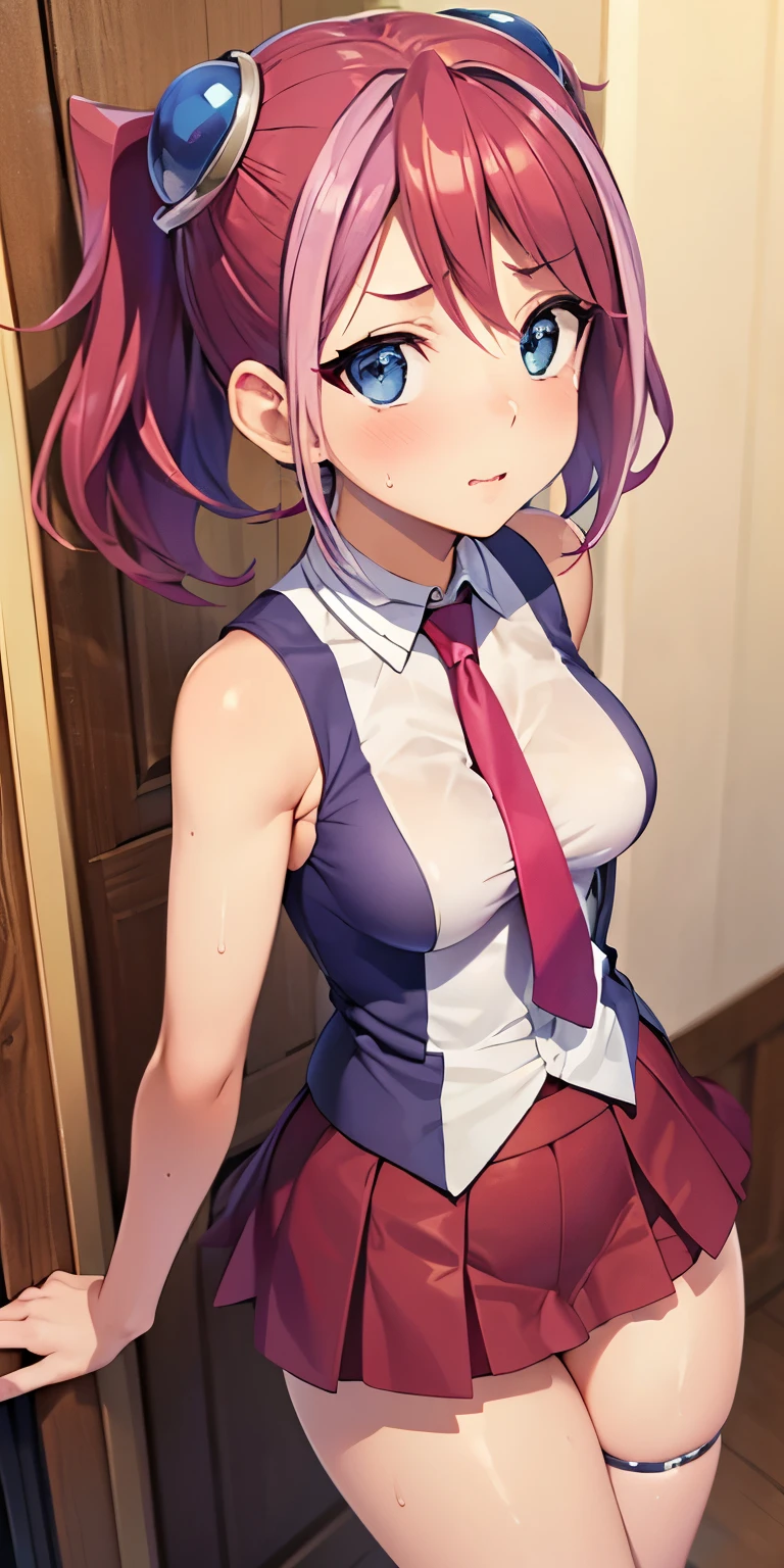 1 Female,High definition,high resolution,Ultra-realistic,8K,hy1, hair ornament, multicolored hair, blue eyes, jewelry ,necktie, skirt, tight skirt,miniskirt,sleeveless, school uniform,black thong,European,sexy,Upper body close-up,Photographed from the front,Dynamic Angles,blush, small tits,cute face, facial, sweat, perfect face, perfect body,(wide thighs:1.3),cute face, selfie,cameltoe
