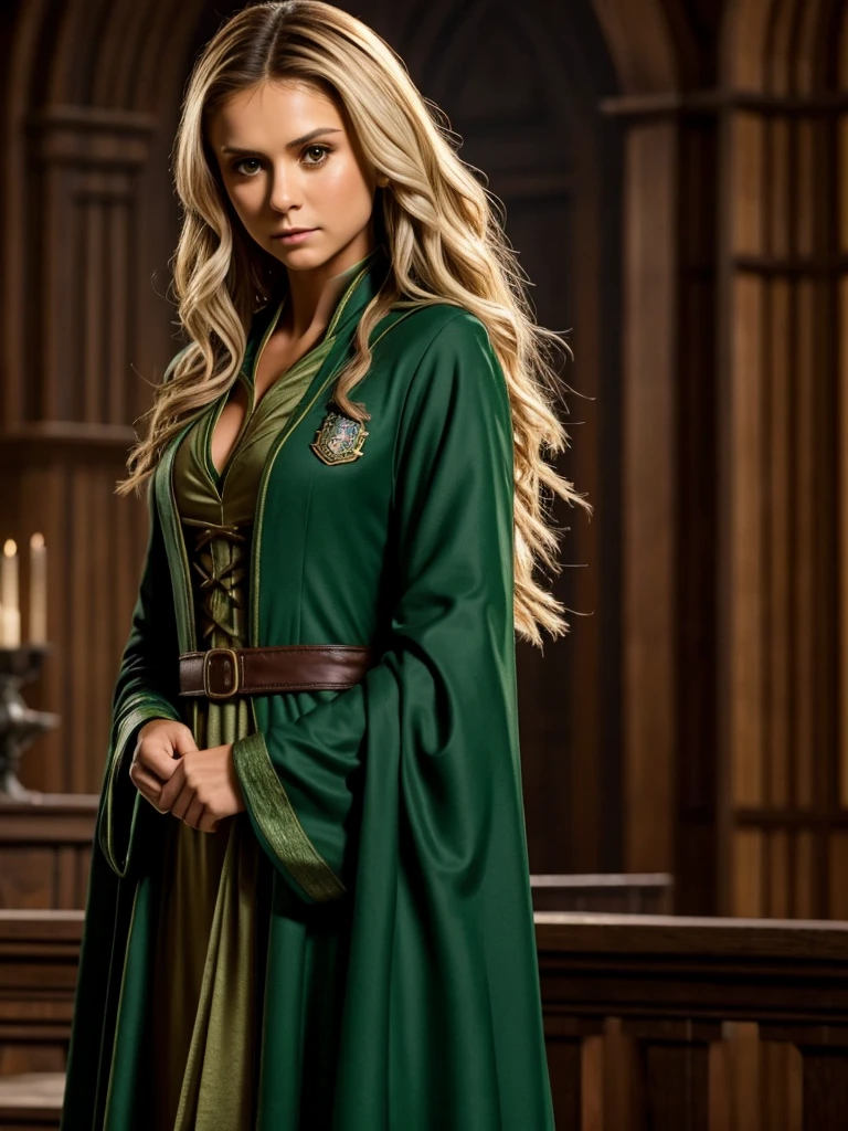 nina dobrev as a blonde, dressed in a hogwarts slytherin robe from harry potter