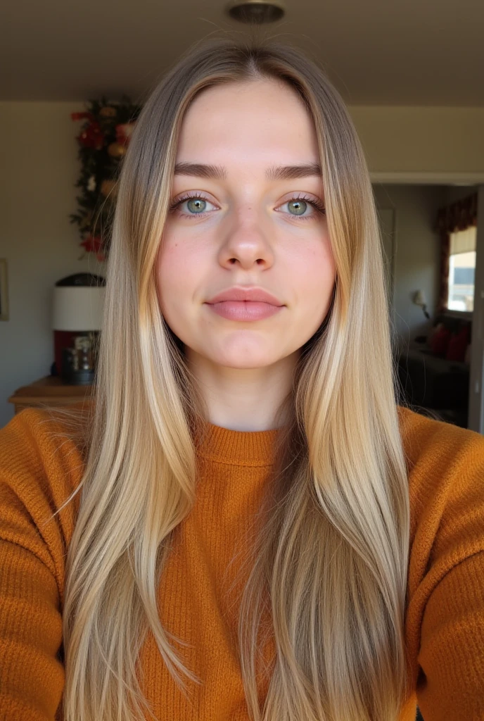 1 girl 18 year old, majestic, long hair, breasts, looking at viewer, blonde hair, brown eyes, sweater, lips, realistic, drinking coffe