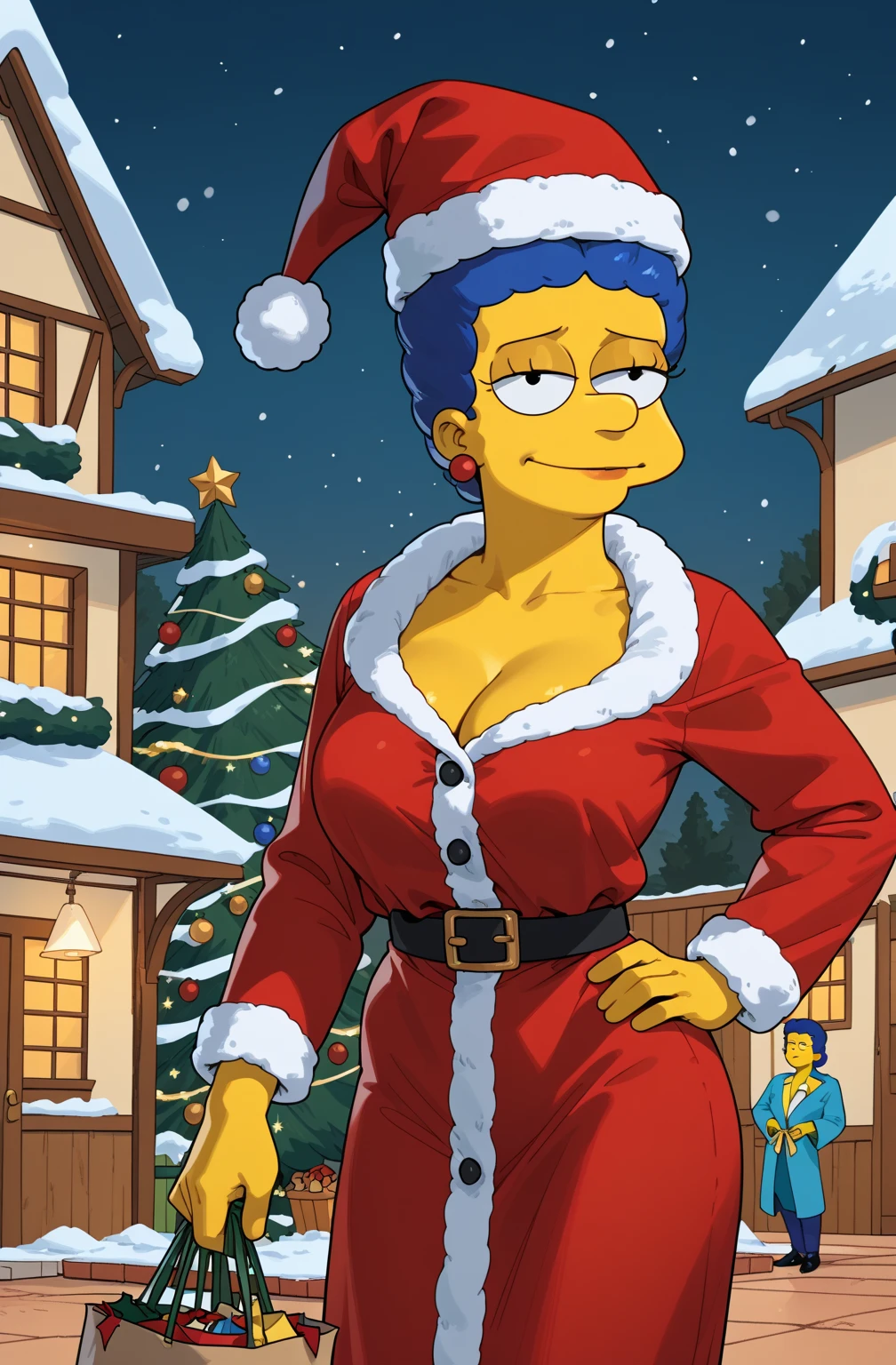 Lisa simpson as wonderwoman (yellow skin, blue hair,)large breasts  in wonderwoman costume, santa coat, santa hat, 
