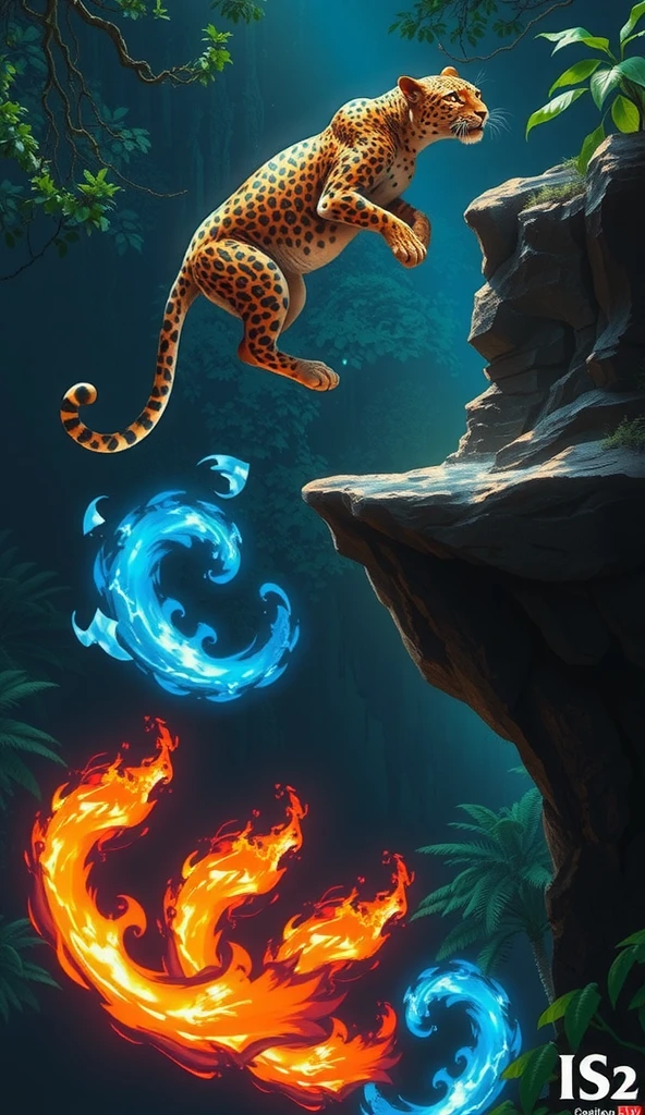 A mystical scene featuring an elemental leopard embodying the four elements. The leopard's fur is a dynamic blend: fiery flames ripple along its paws, a flowing water-like tail shimmers with blue hues, lush green leaves sprout along its back, and glowing stone-like markings cover its body. The leopard stands in the center of an enchanted glade, surrounded by swirling elemental energies. Fire crackles, water streams, winds spiral, and glowing rocks hover, blending harmoniously around the leopard. The glowing jungle backdrop is vibrant and alive, illuminated by the magical interplay of the four elements. The atmosphere is powerful and surreal, highlighting the leopard as the majestic guardian of nature's balance.